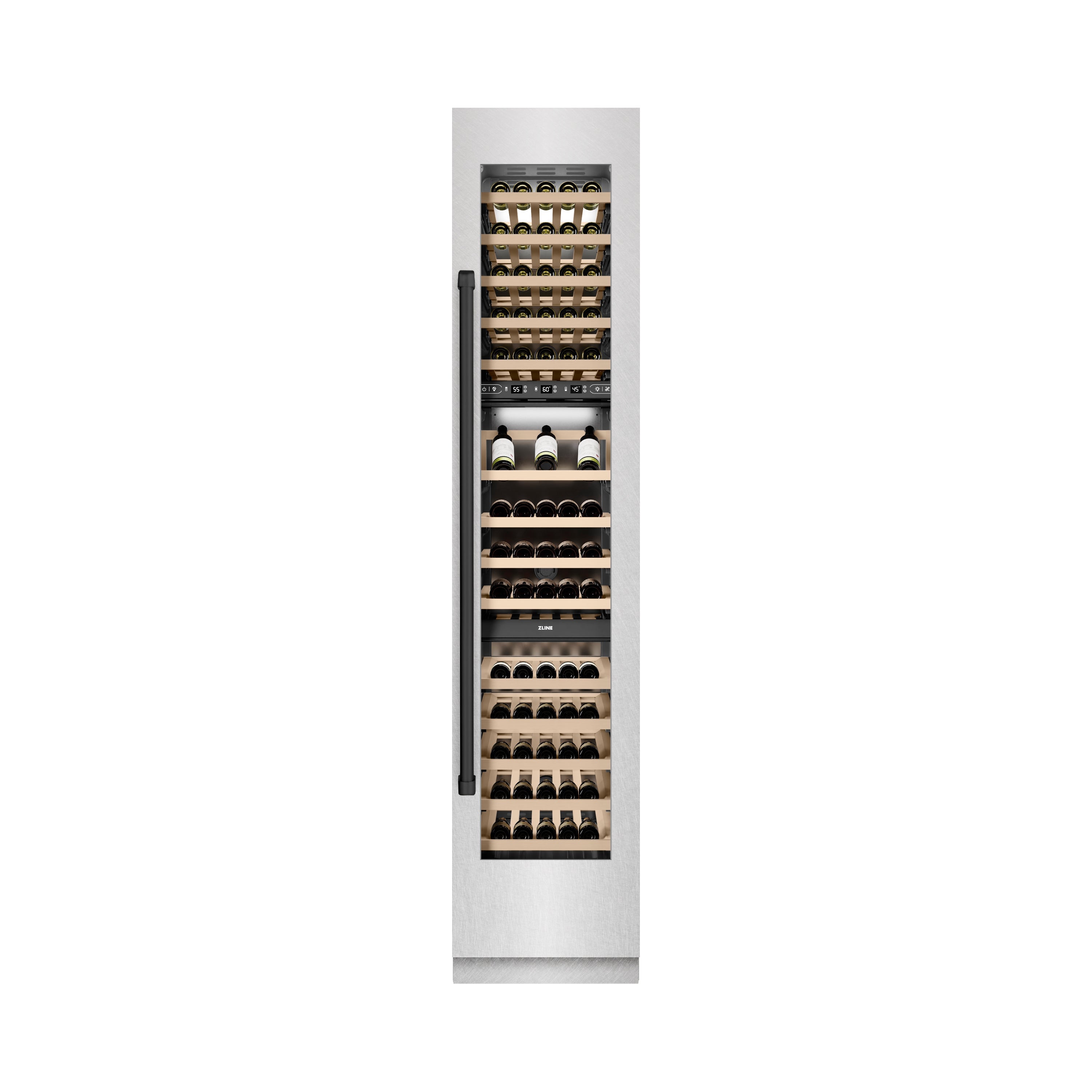 ZLINE Autograph Edition 18 in. 9.0 cu. ft. Triple Zone 68 Bottle Right Hinge Column Wine Cooler in Satin Stainless Steel with Matte Black Accents (RCWVRZ-SN-18-MB)