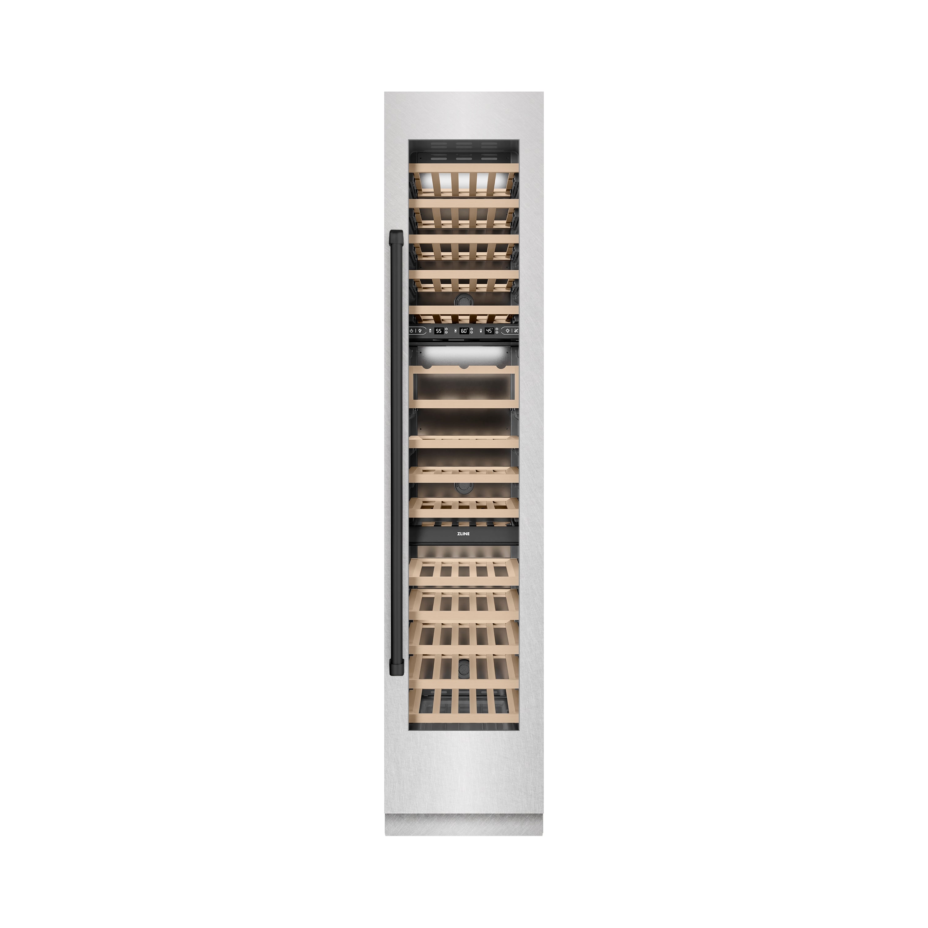 ZLINE Autograph Edition 18 in. 9.0 cu. ft. Triple Zone 68 Bottle Right Hinge Column Wine Cooler in Satin Stainless Steel with Matte Black Accents (RCWVRZ-SN-18-MB)