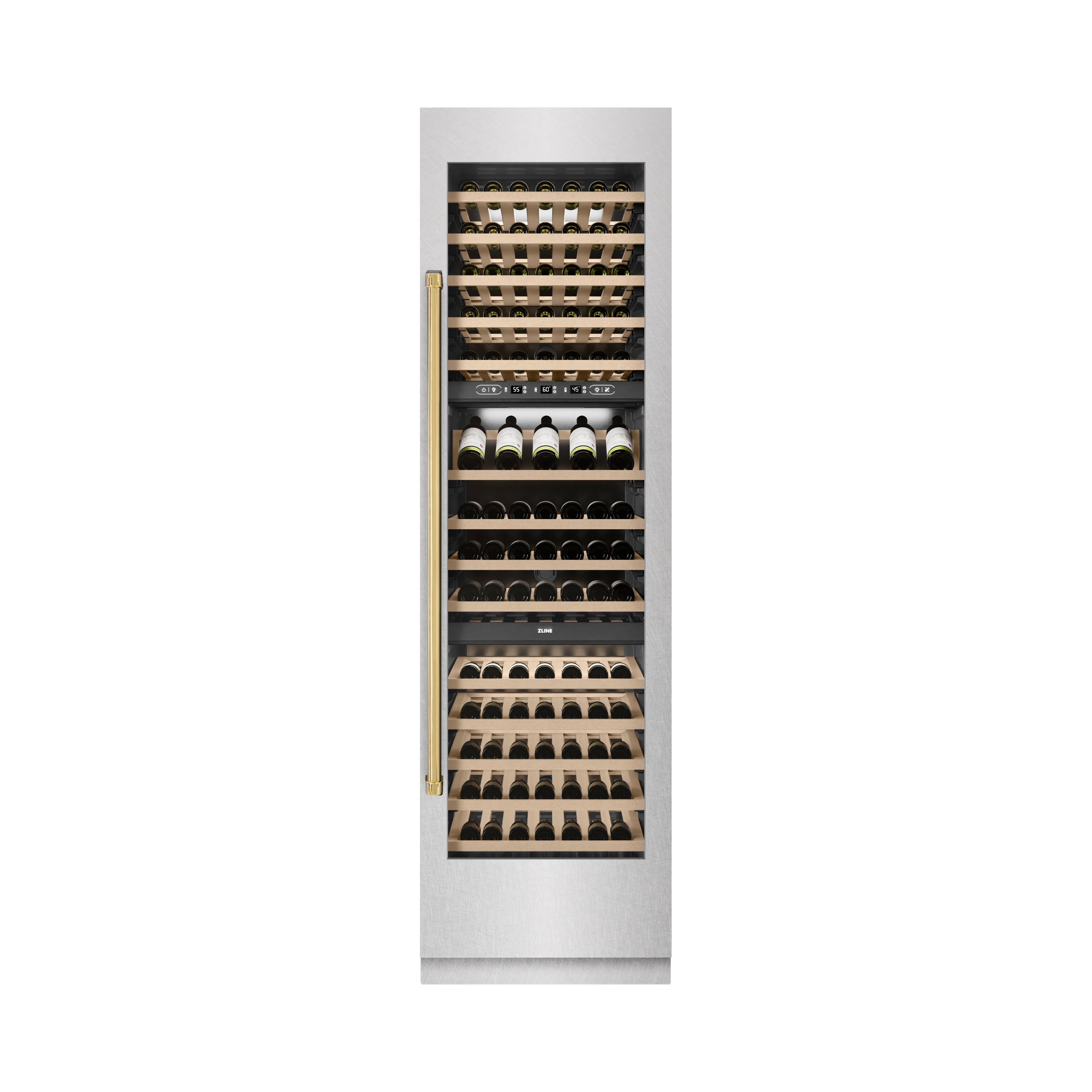 ZLINE Autograph Edition 24 in. 12.4 cu. ft. Triple Zone 100 Bottle Column Wine Cooler in Satin Stainless Steel and Polished Gold Accents (RCWVZ-SN-24-G)