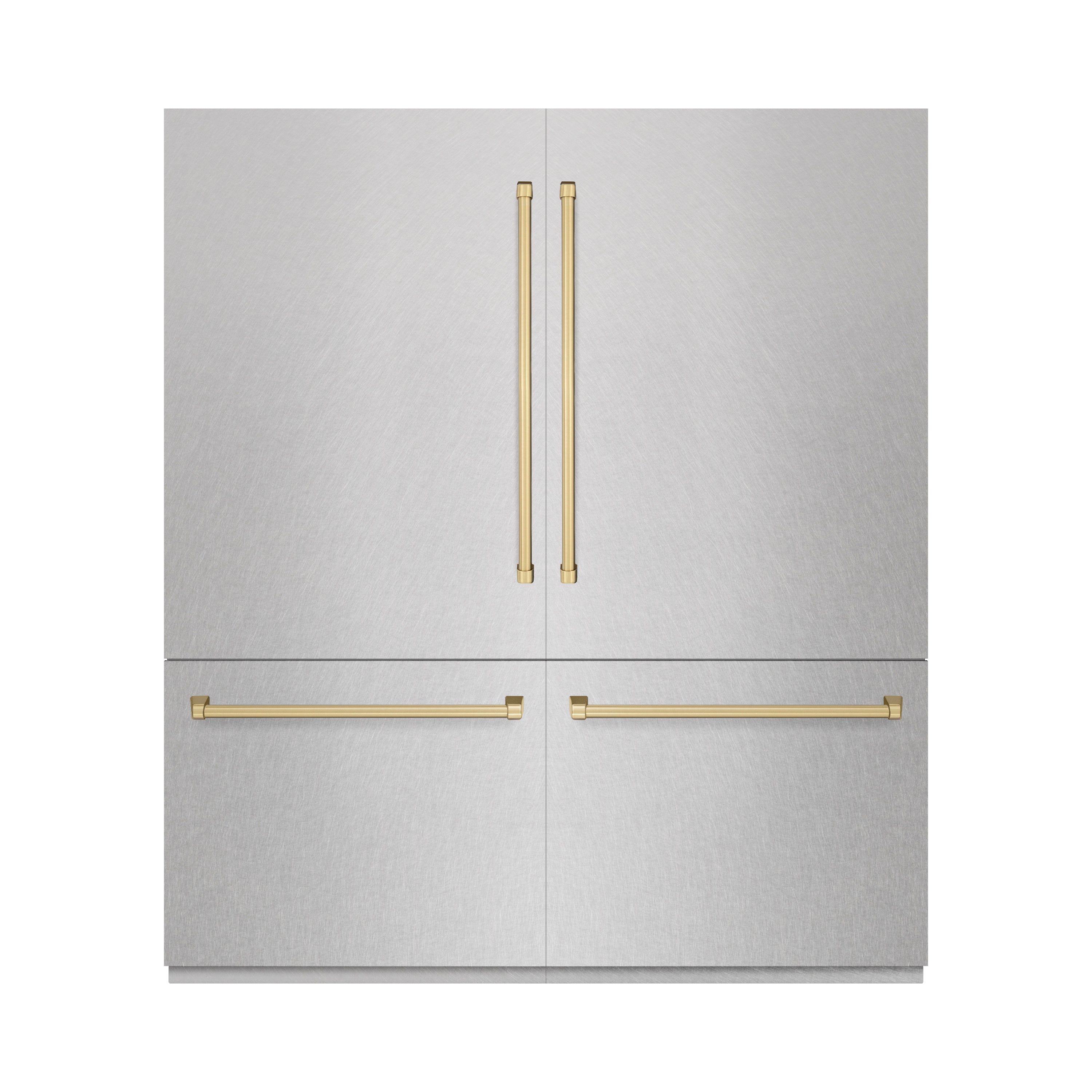ZLINE Autograph Edition 72 in. 39.6 cu. ft. French Door Built-In Bottom Freezer Refrigerator with Water Dispensers and Ice Makers in Satin Stainless Steel with Graphite Gray Interior and Champagne Bronze Accents (GRBITZ-SN-72-CB)