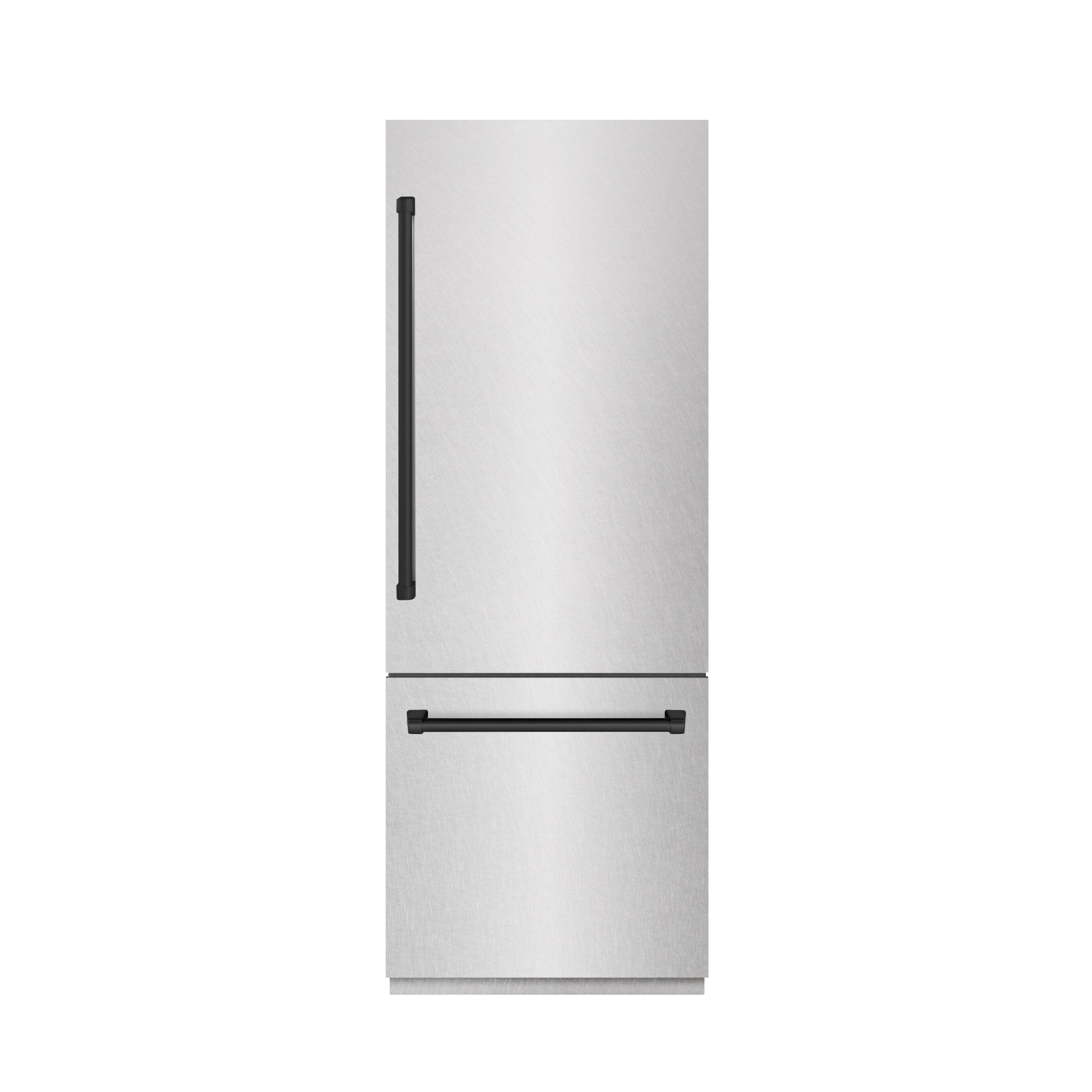 ZLINE Autograph Edition 30 in. 16.1 cu. ft. Built-In Bottom Freezer Refrigerator with Water Dispenser and Ice Maker in Satin Stainless Steel with Graphite Gray Interior and Matte Black Accents (GRBIVZ-SN-30-MB)