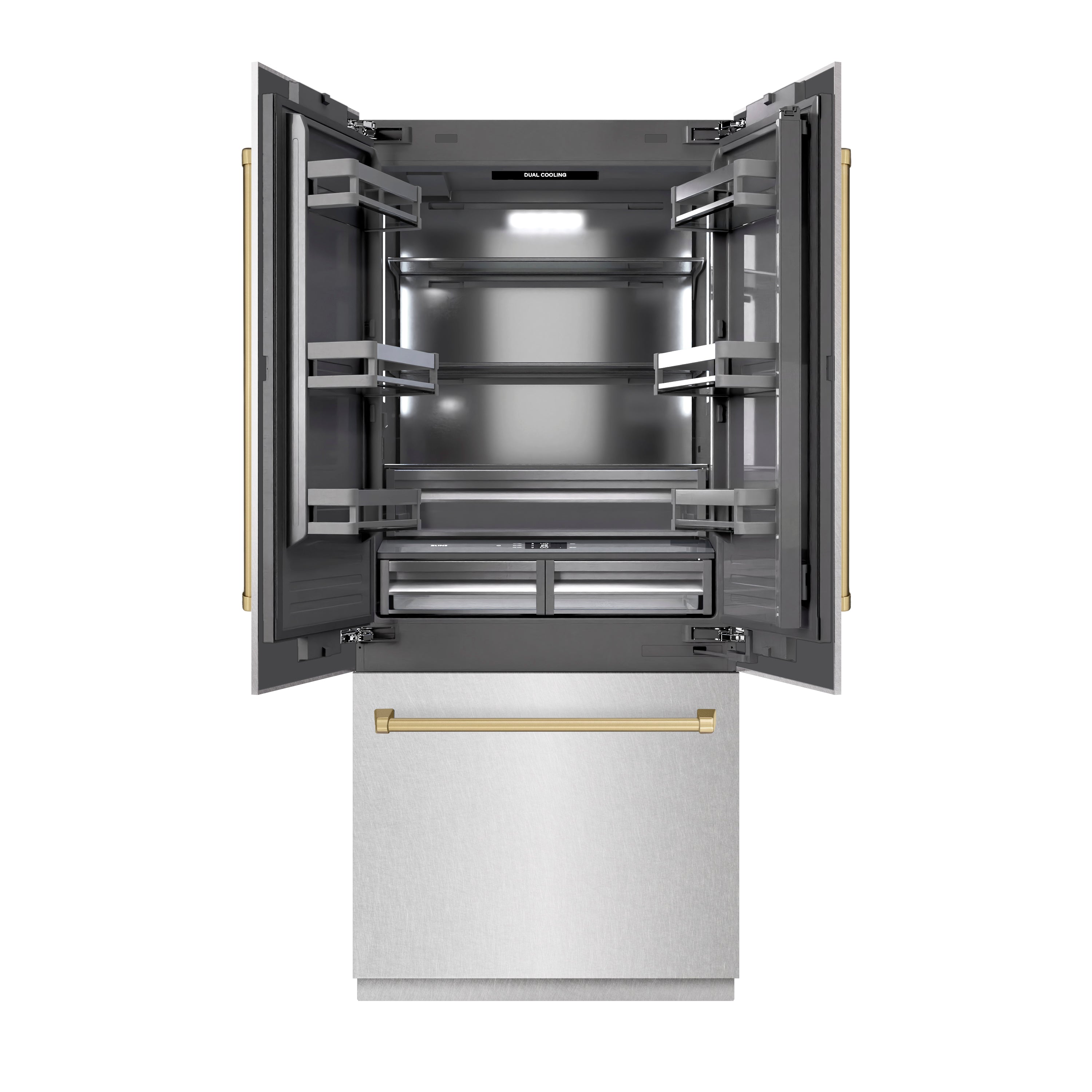 ZLINE Autograph Edition 36 in. 19.6 cu. ft. French Door Built-In Bottom Freezer Refrigerator with Water Dispenser and Ice Maker in Satin Stainless Steel with Graphite Gray Interior and Champagne Bronze Accents (GRBIVZ-SN-36-CB)
