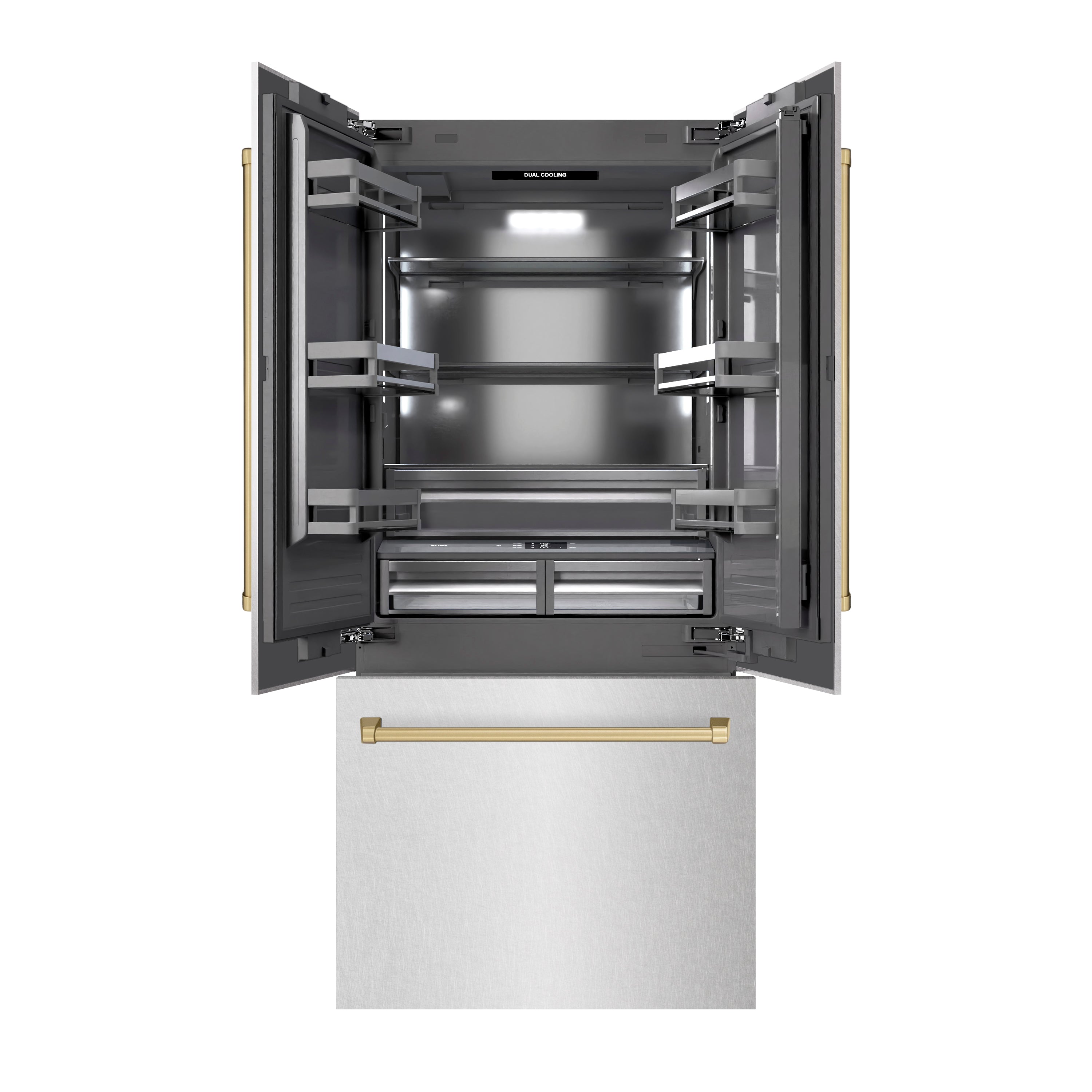 ZLINE Autograph Edition 36 in. 19.6 cu. ft. French Door Built-In Bottom Freezer Refrigerator with Water Dispenser and Ice Maker in Satin Stainless Steel with Graphite Gray Interior and Champagne Bronze Accents (GRBIVZ-SN-36-CB)