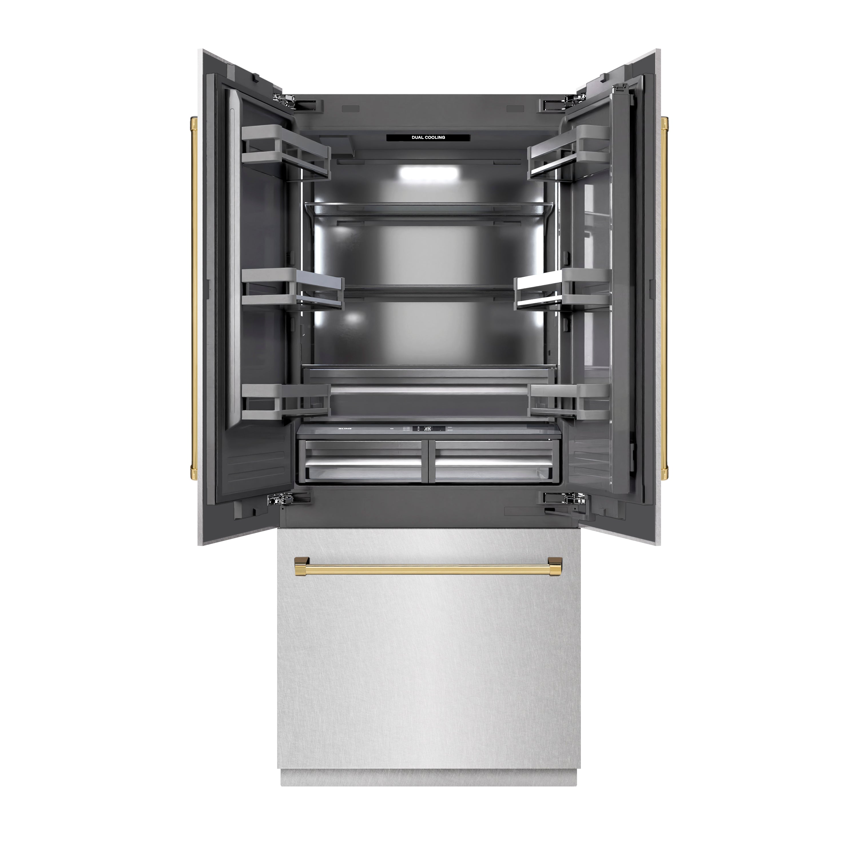 ZLINE Autograph Edition 36 in. 19.6 cu. ft. French Door Built-In Bottom Freezer Refrigerator with Water Dispenser and Ice Maker in Satin Stainless Steel with Graphite Gray Interior and Polished Gold Accents (GRBIVZ-SN-36-G)
