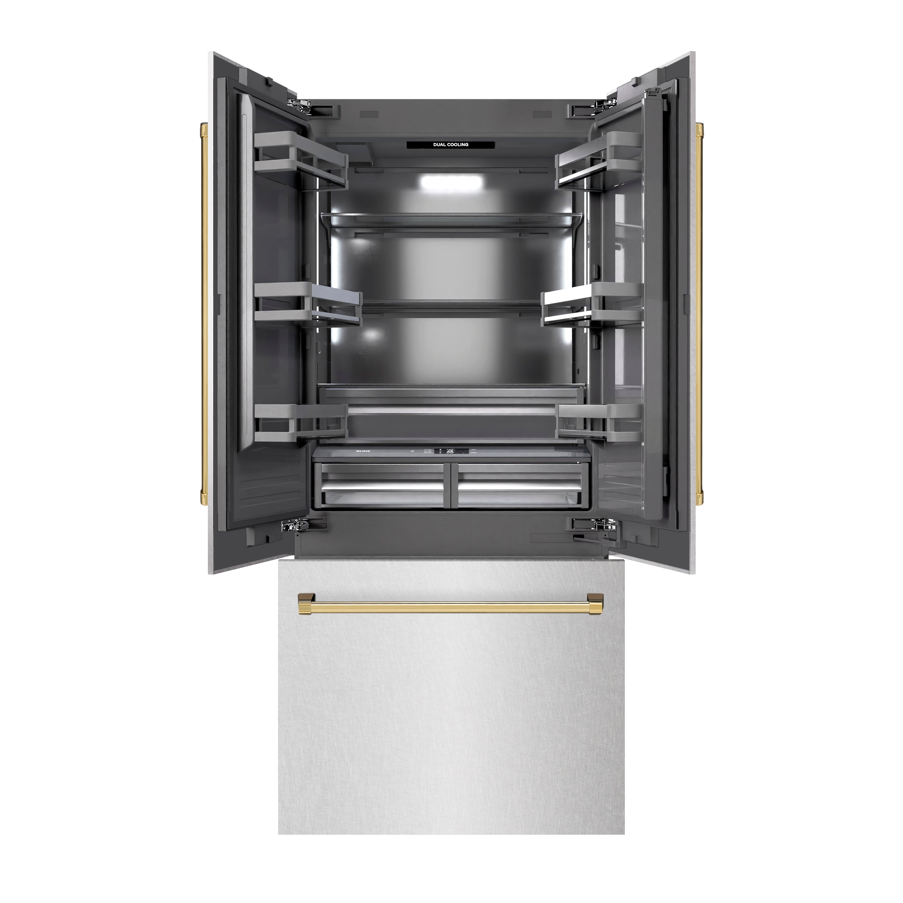 ZLINE Autograph Edition 36 in. 19.6 cu. ft. French Door Built-In Bottom Freezer Refrigerator with Water Dispenser and Ice Maker in Satin Stainless Steel with Graphite Gray Interior and Polished Gold Accents (GRBIVZ-SN-36-G)