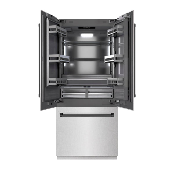 ZLINE Autograph Edition 36 in. 19.6 cu. ft. French Door Built-In Bottom Freezer Refrigerator with Water Dispenser and Ice Maker in Satin Stainless Steel with Graphite Gray Interior and Matte Black Accents (GRBIVZ-SN-36-MB)