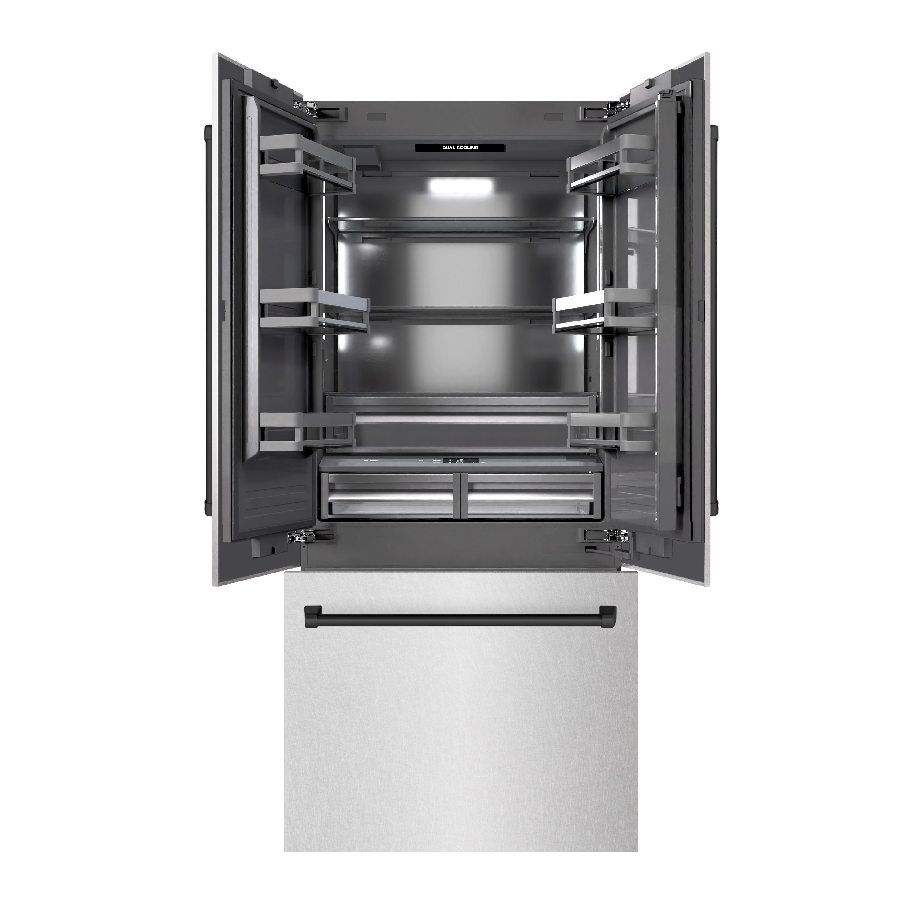 ZLINE Autograph Edition 36 in. 19.6 cu. ft. French Door Built-In Bottom Freezer Refrigerator with Water Dispenser and Ice Maker in Satin Stainless Steel with Graphite Gray Interior and Matte Black Accents (GRBIVZ-SN-36-MB)