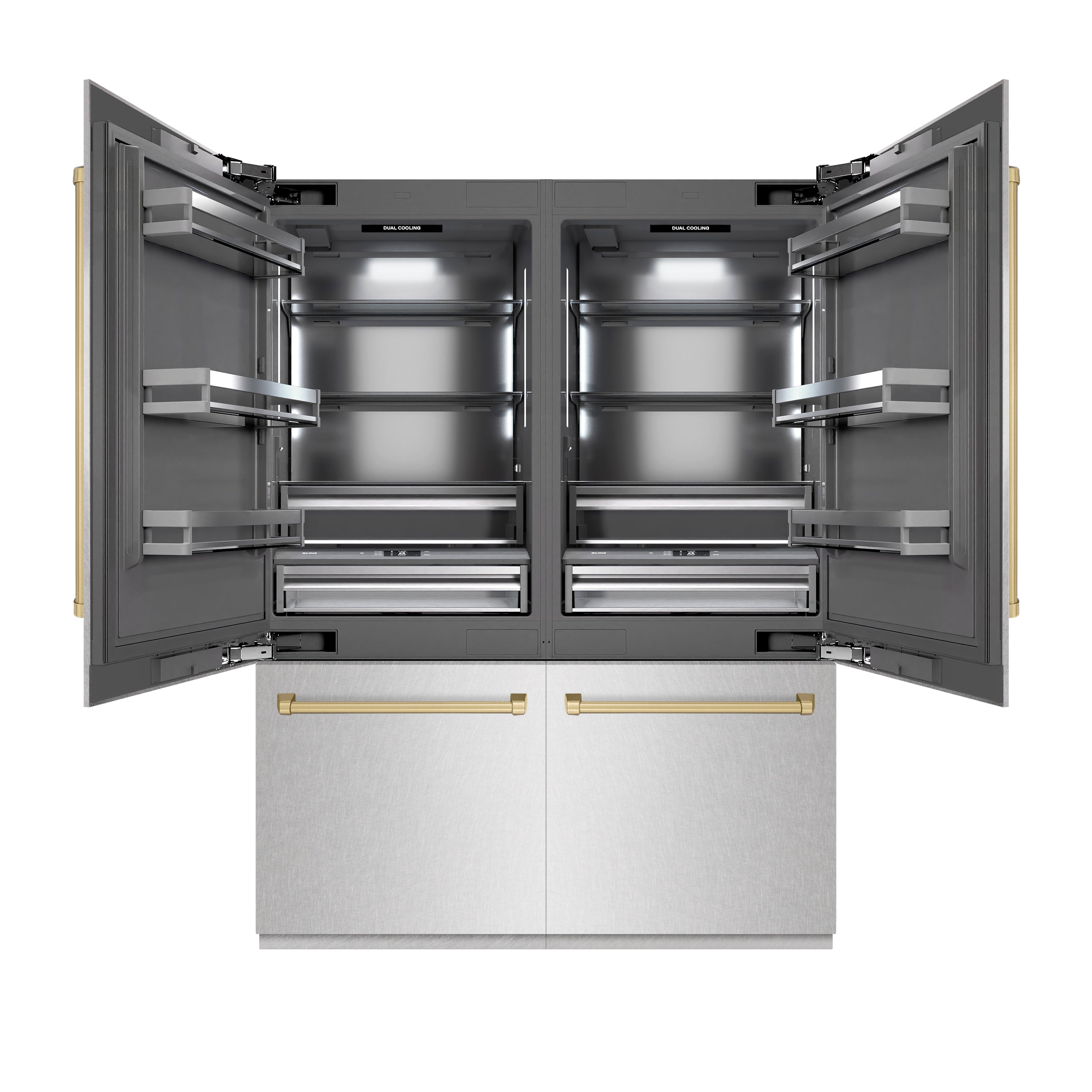 ZLINE Autograph Edition 60 in. 32.2 cu. ft. French Door Built-In Bottom Freezer Refrigerator with Water Dispenser and Ice Maker in Satin Stainless Steel with Graphite Gray Interior and Champagne Bronze Accents (GRBIVZ-SN-60-CB)
