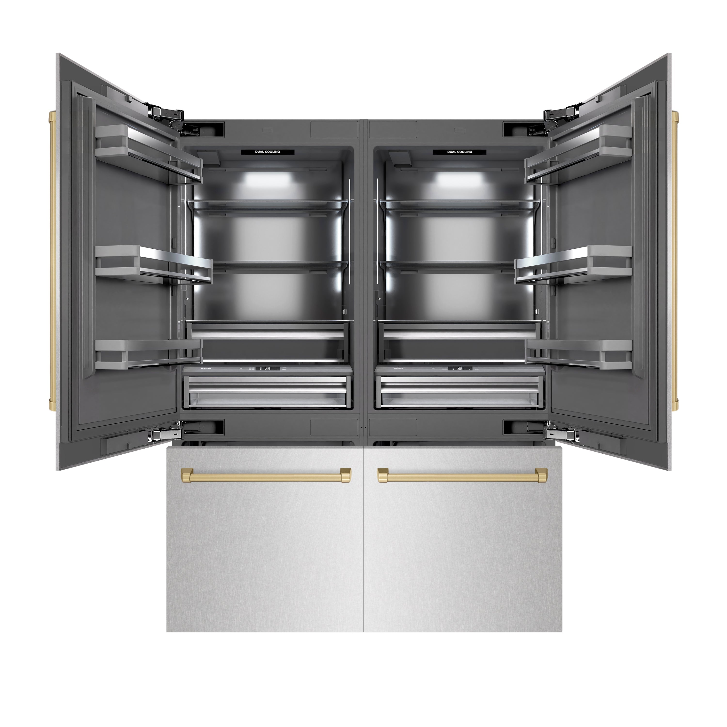 ZLINE Autograph Edition 60 in. 32.2 cu. ft. French Door Built-In Bottom Freezer Refrigerator with Water Dispenser and Ice Maker in Satin Stainless Steel with Graphite Gray Interior and Champagne Bronze Accents (GRBIVZ-SN-60-CB)