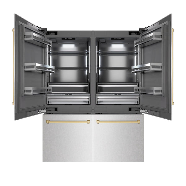 ZLINE Autograph Edition 60 in. 32.2 cu. ft. French Door Built-In Bottom Freezer Refrigerator with Water Dispenser and Ice Maker in Satin Stainless Steel with Graphite Gray Interior and Champagne Bronze Accents (GRBIVZ-SN-60-CB)