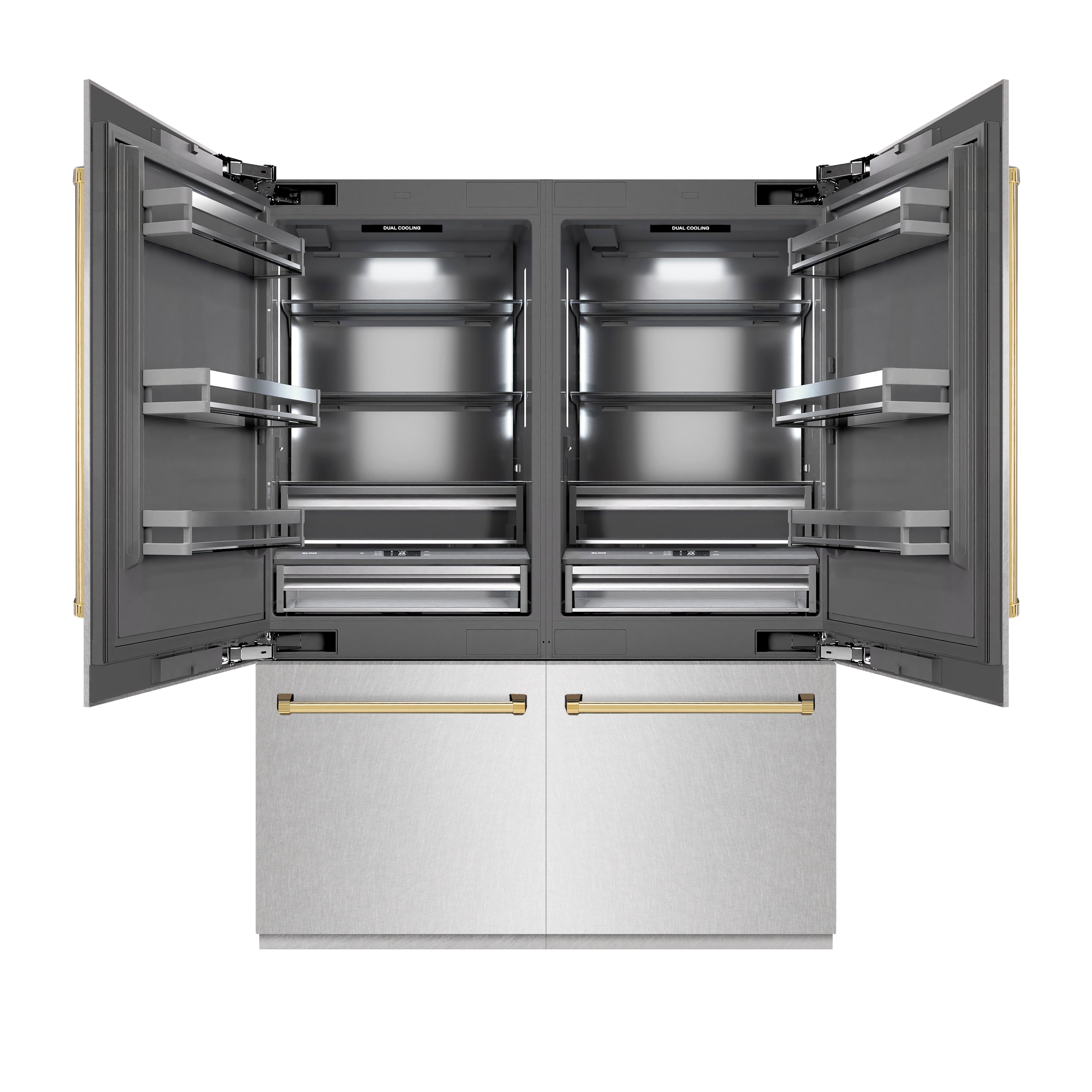 ZLINE Autograph Edition 60 in. 32.2 cu. ft. French Door Built-In Bottom Freezer Refrigerator with Water Dispenser and Ice Maker in Satin Stainless Steel with Graphite Gray Interior and Polished Gold Accents (GRBIVZ-SN-60-G)