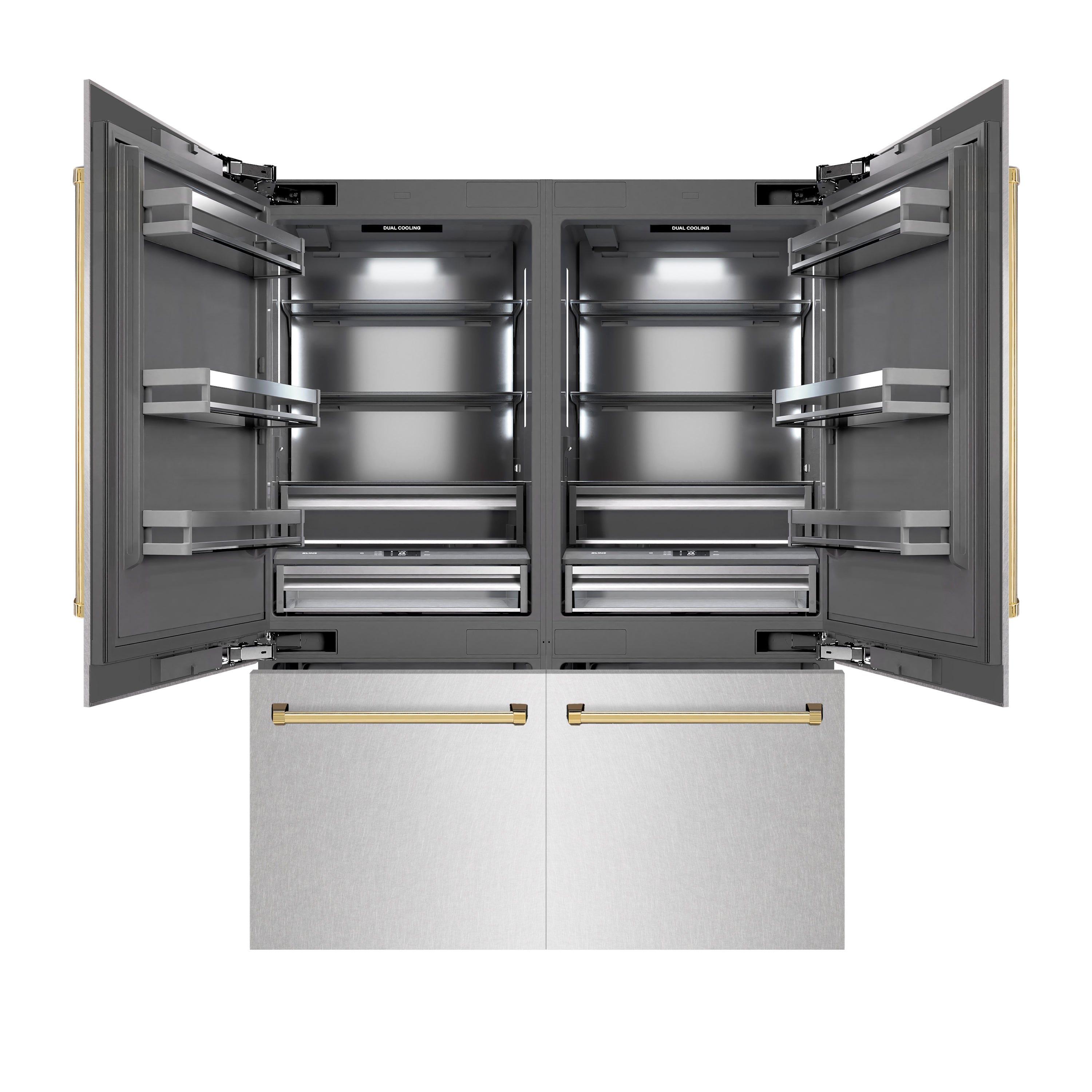 ZLINE Autograph Edition 60 in. 32.2 cu. ft. French Door Built-In Bottom Freezer Refrigerator with Water Dispenser and Ice Maker in Satin Stainless Steel with Graphite Gray Interior and Polished Gold Accents (GRBIVZ-SN-60-G)
