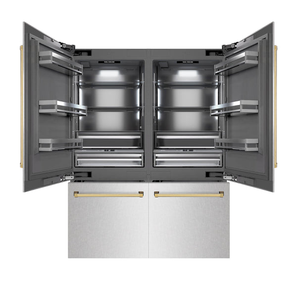 ZLINE Autograph Edition 60 in. 32.2 cu. ft. French Door Built-In Bottom Freezer Refrigerator with Water Dispenser and Ice Maker in Satin Stainless Steel with Graphite Gray Interior and Polished Gold Accents (GRBIVZ-SN-60-G)