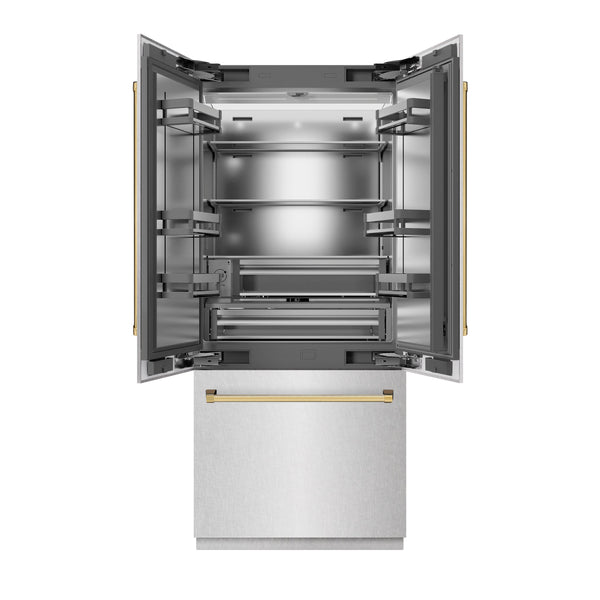 ZLINE Autograph Edition 36 in. 19.6 cu. ft. French Door Built-In Bottom Freezer Refrigerator with Water Dispenser and Ice Maker in Satin Stainless Steel with Stainless Steel Interior and Polished Gold Accents (SRBIVZ-SN-36-G)