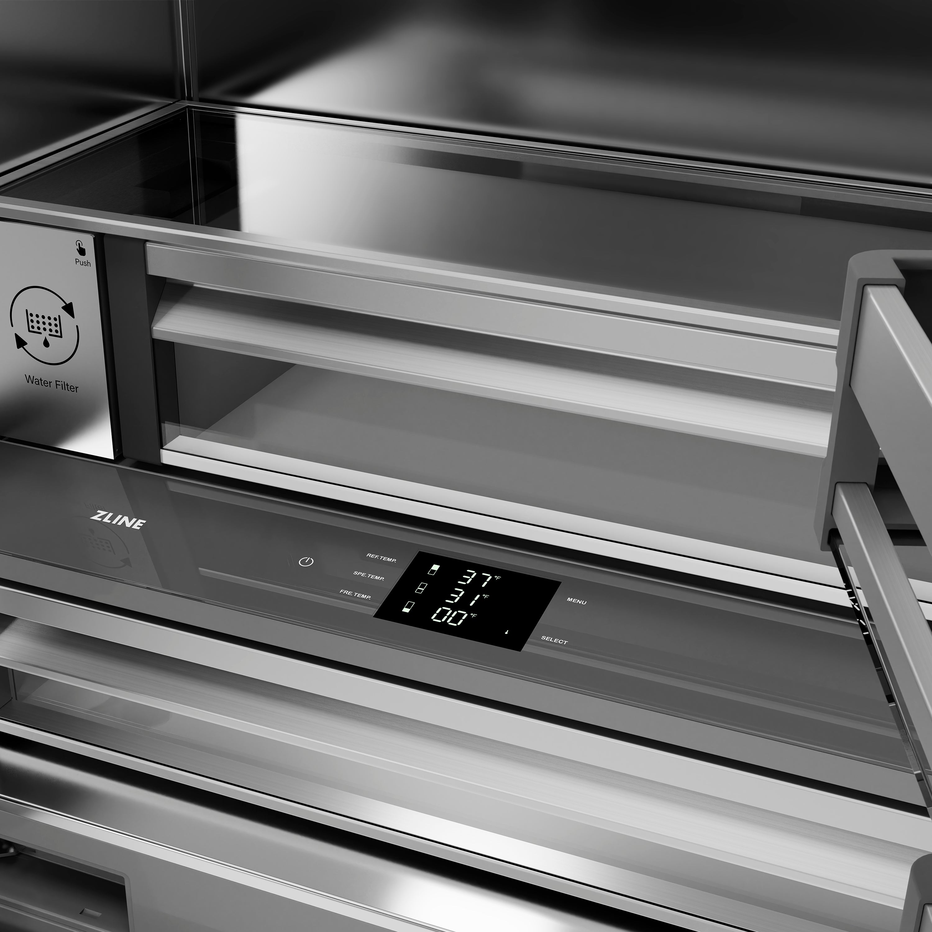 ZLINE Autograph Edition 36 in. 19.6 cu. ft. French Door Built-In Bottom Freezer Refrigerator with Water Dispenser and Ice Maker in Satin Stainless Steel with Stainless Steel Interior and Matte Black Accents (SRBIVZ-SN-36-MB)