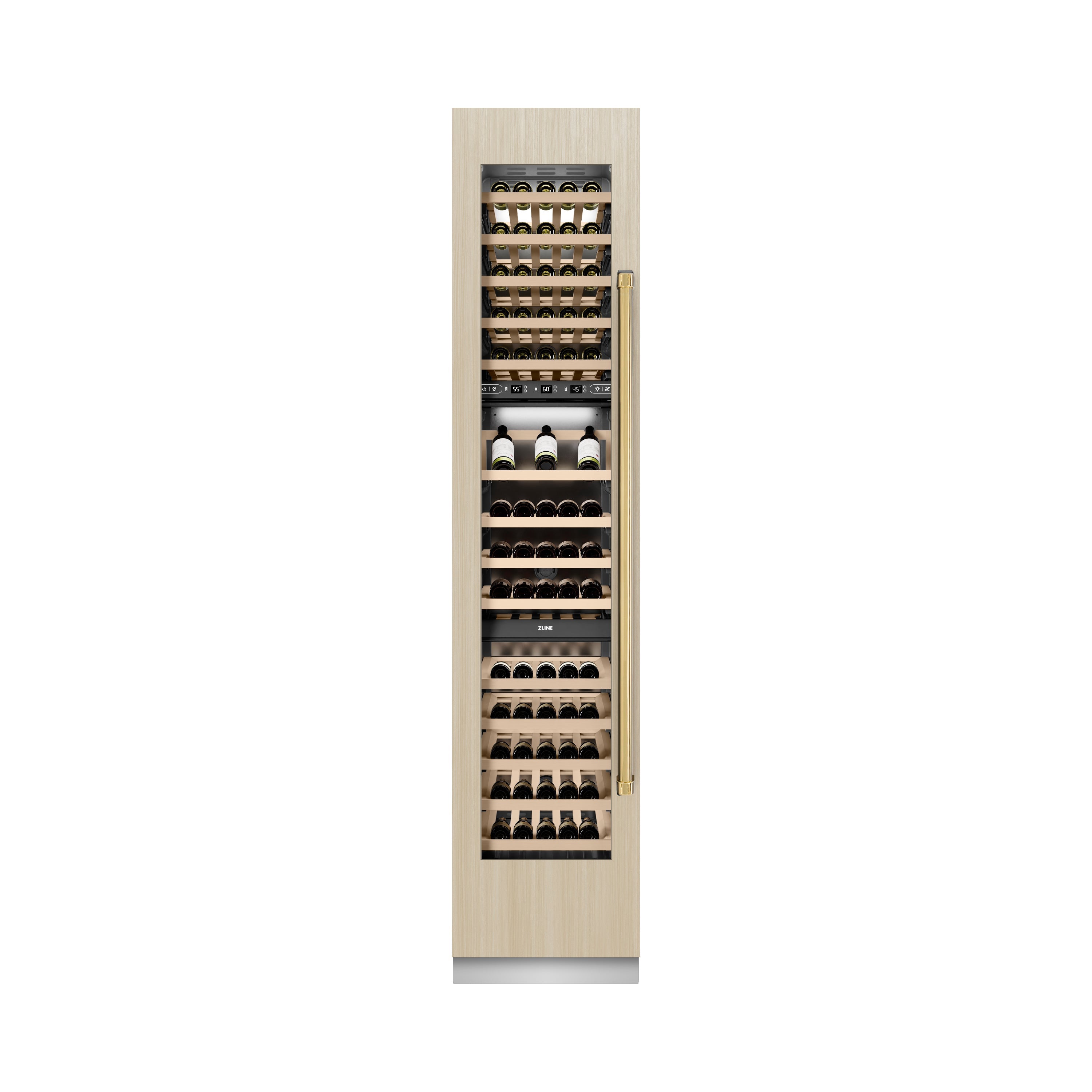 ZLINE Autograph Edition 18 in. 9.0 cu. ft. Triple Zone 68 Bottle Panel Ready Left Hinge Column Wine Cooler with Polished Gold Accents (RBCWVLZ-18-G)