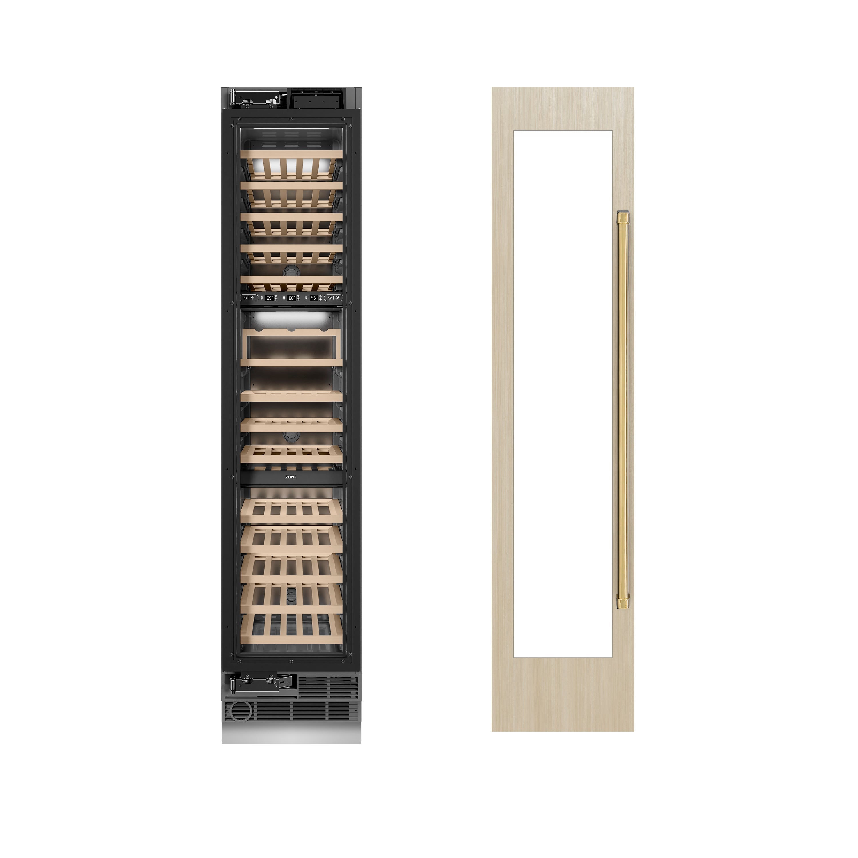ZLINE Autograph Edition 18 in. 9.0 cu. ft. Triple Zone 68 Bottle Panel Ready Left Hinge Column Wine Cooler with Polished Gold Accents (RBCWVLZ-18-G)