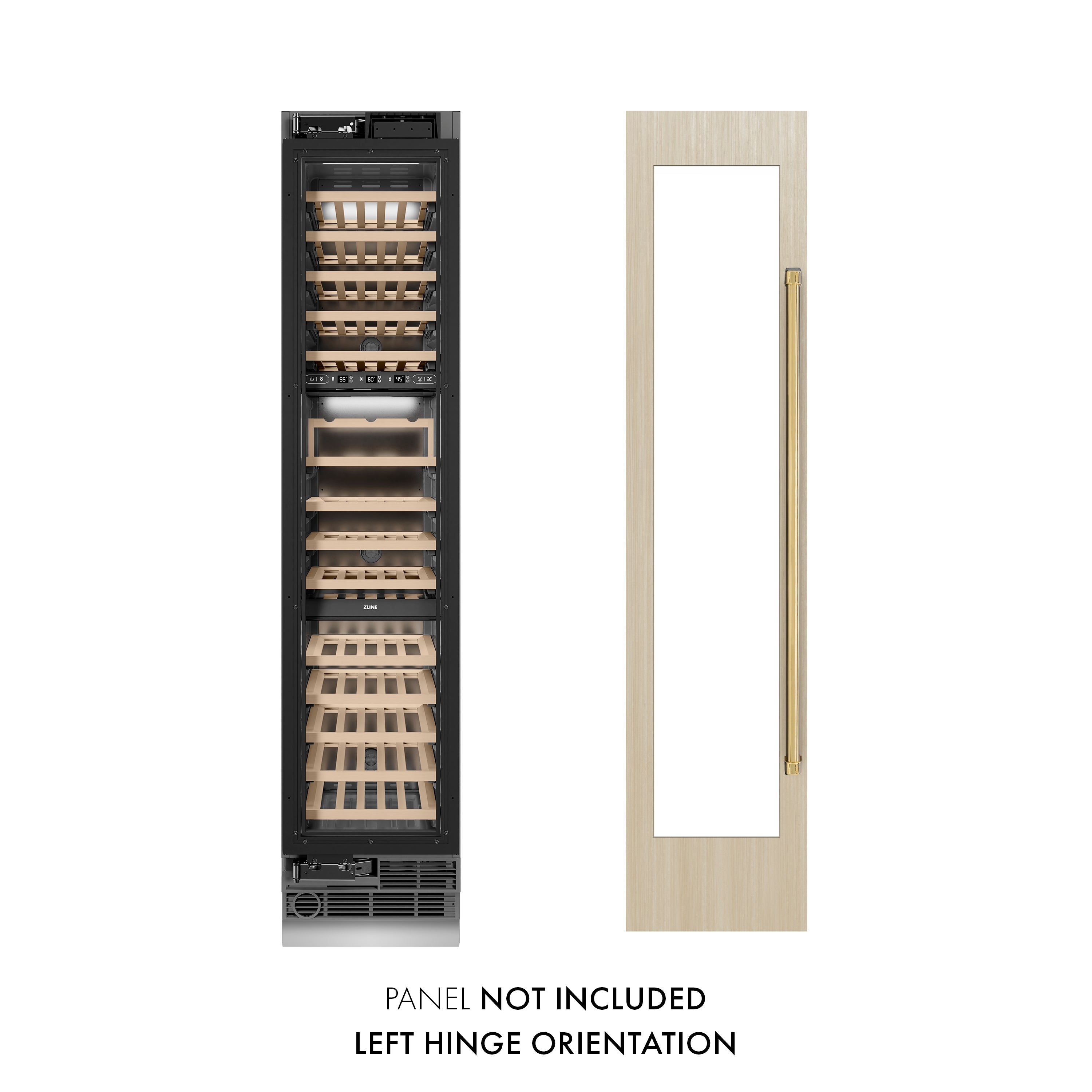ZLINE Autograph Edition 18 in. 9.0 cu. ft. Triple Zone 68 Bottle Panel Ready Left Hinge Column Wine Cooler with Polished Gold Accents (RBCWVLZ-18-G)