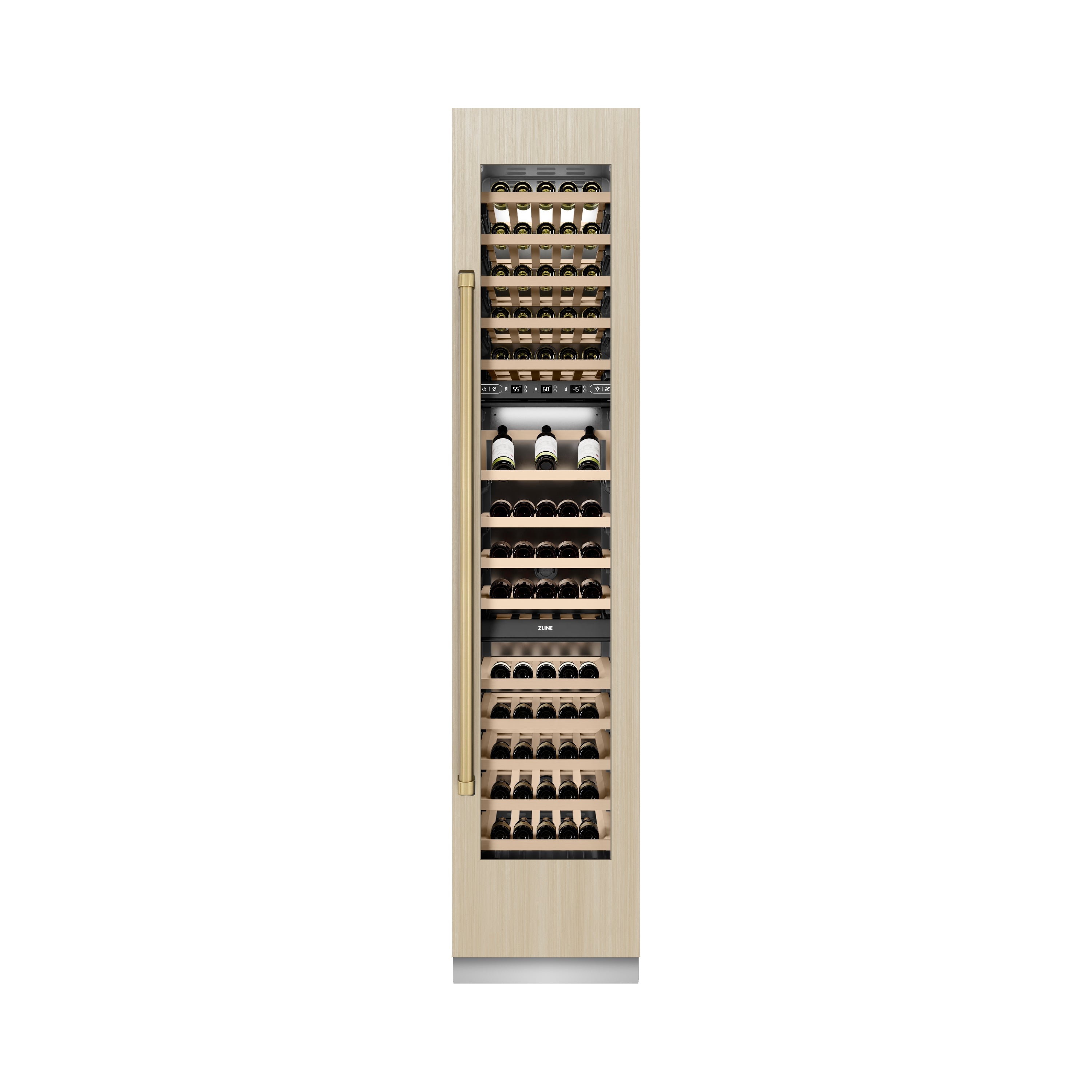 ZLINE Autograph Edition 18 in. 9.0 cu. ft. Triple Zone 68 Bottle Panel Ready Right Hinge Column Wine Cooler with Champagne Bronze Accents (RBCWVRZ-18-CB)