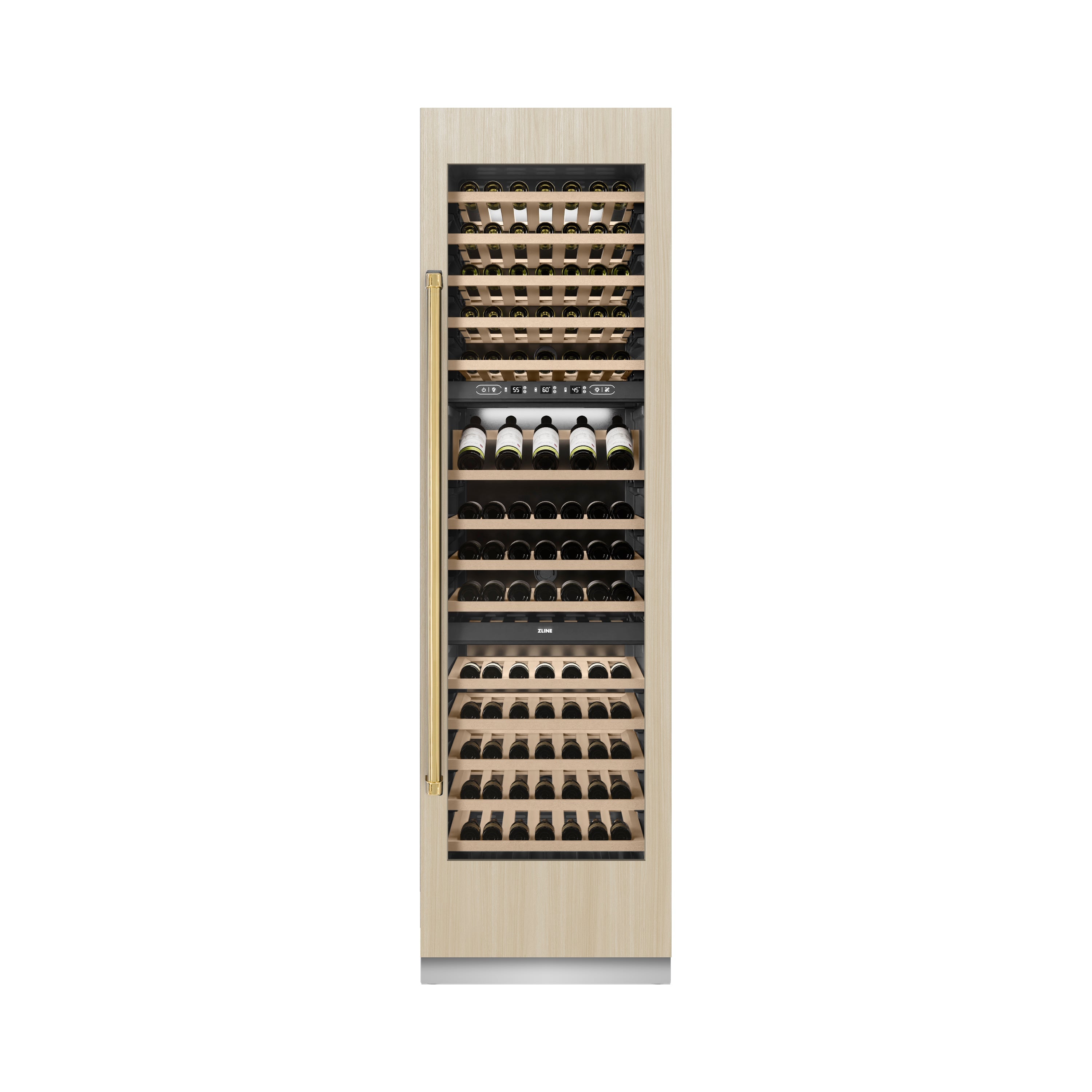 ZLINE Autograph Edition 24 in. 12.4 cu. ft. Triple Zone 100 Bottle Panel Ready Column Wine Cooler with Polished Gold Accents (RBCWVZ-24-G)