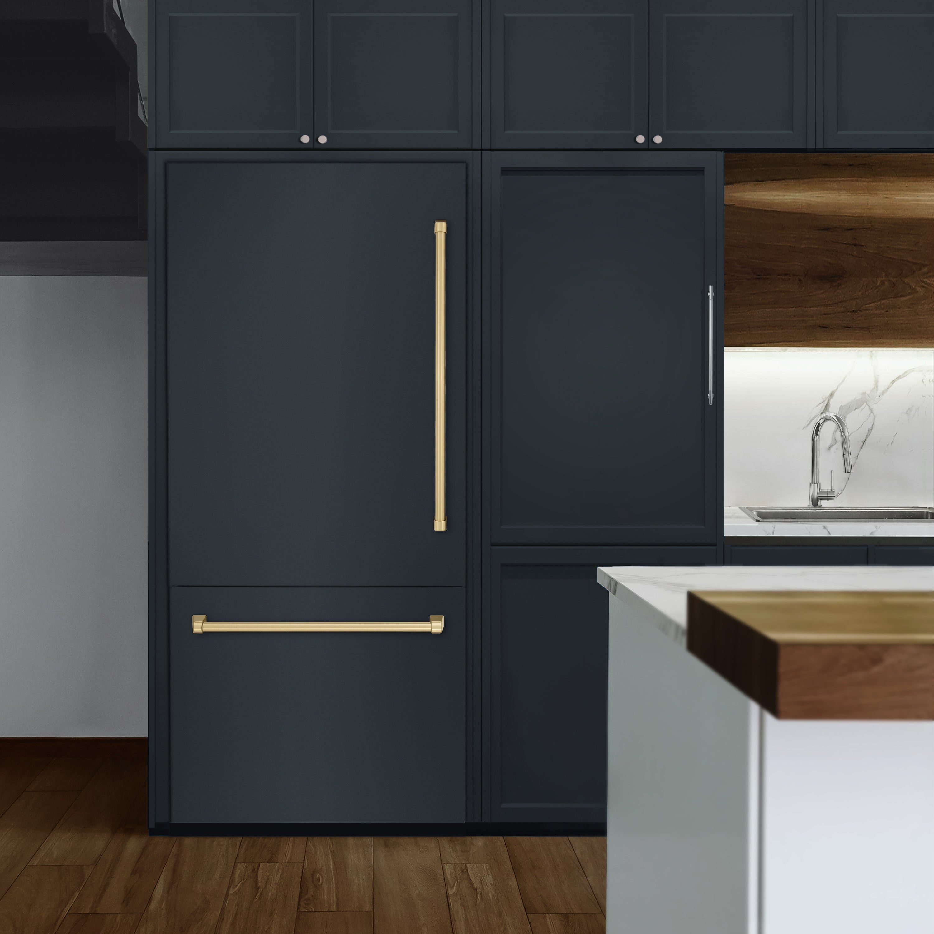 ZLINE Autograph Edition 36 in. 19.8 cu. ft. Panel Ready Built-In Bottom Freezer Refrigerator with Water Dispenser and Ice Maker with Graphite Gray Interior and Champagne Bronze Accents (GRBITZ-36-CB)