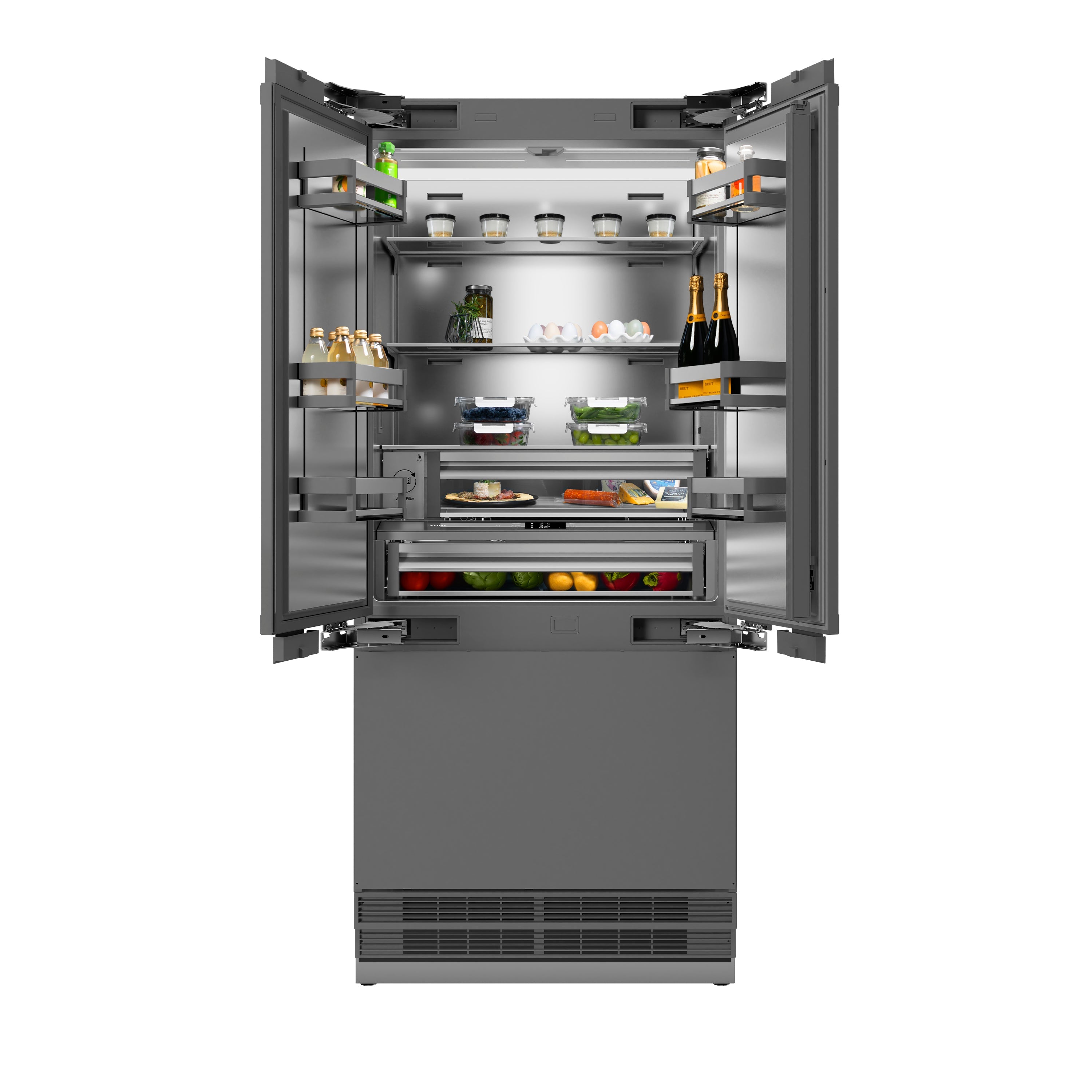 ZLINE 36 in. 19.6 cu. ft. Panel Ready French Door Built-In Bottom Freezer Refrigerator with Water Dispenser and Ice Maker with Stainless Steel Interior (SRBIV-36)