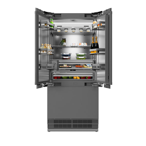 ZLINE 36 in. 19.6 cu. ft. Panel Ready French Door Built-In Bottom Freezer Refrigerator with Water Dispenser and Ice Maker with Stainless Steel Interior (SRBIV-36)