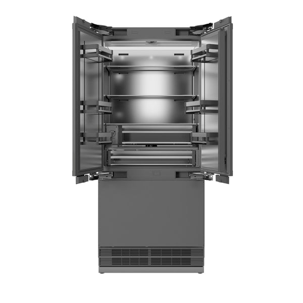 ZLINE Autograph Edition 36 in. 19.6 cu. ft. Panel Ready French Door Built-In Bottom Freezer Refrigerator with Water Dispenser and Ice Maker with Stainless Steel Interior and Champagne Bronze Accents (SRBIVZ-36-CB)