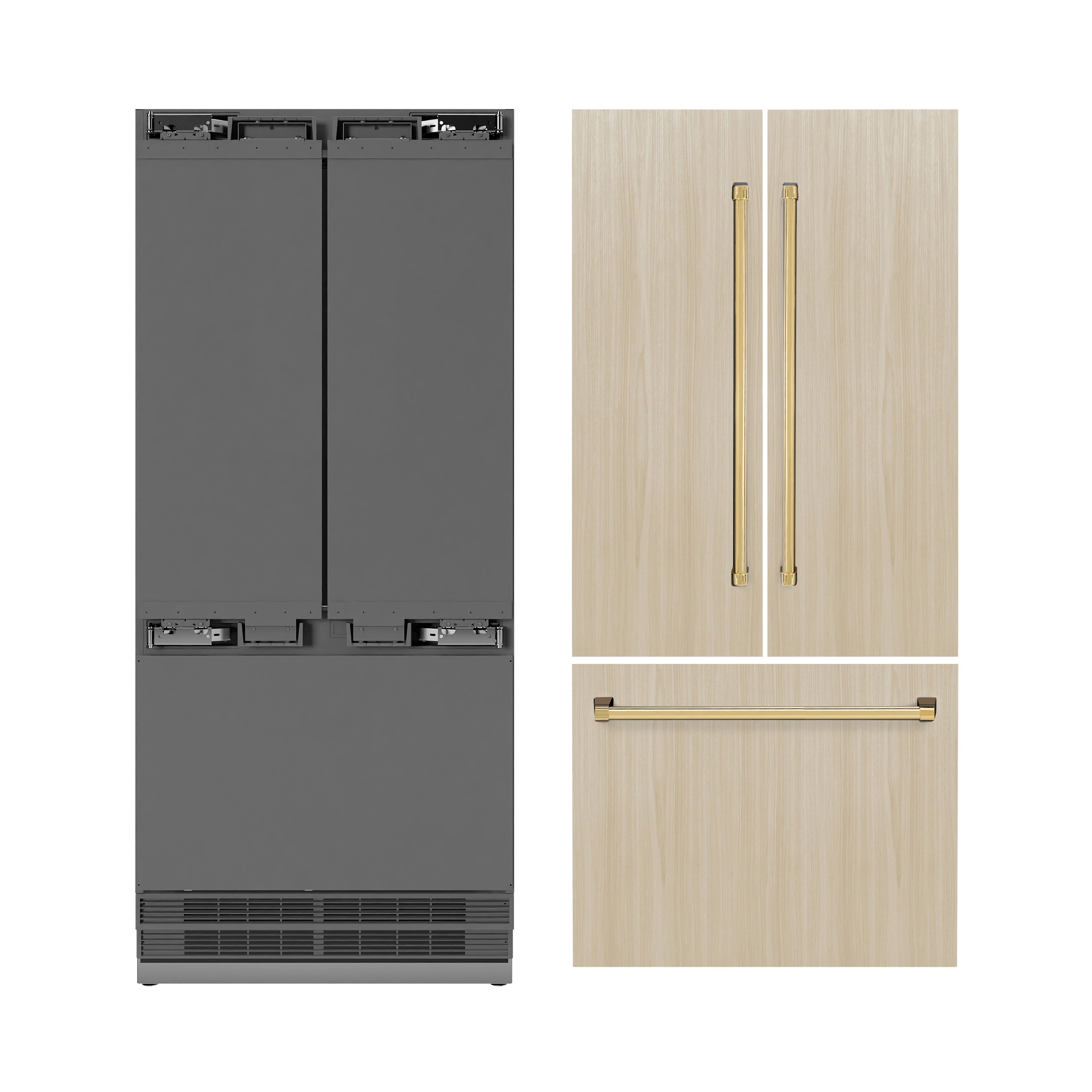 ZLINE Autograph Edition 36 in. 19.6 cu. ft. Panel Ready French Door Built-In Bottom Freezer Refrigerator with Water Dispenser and Ice Maker with Stainless Steel Interior and Polished Gold Accents (SRBIVZ-36-G)