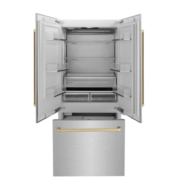 ZLINE 36" Autograph Edition 16.1 cu. ft. Built-in 2-Door Bottom Freezer Refrigerator with Internal Water and Ice Dispenser in Fingerprint Resistant Stainless Steel with Champagne Bronze Accents (RBIVZ-SN-36-CB)