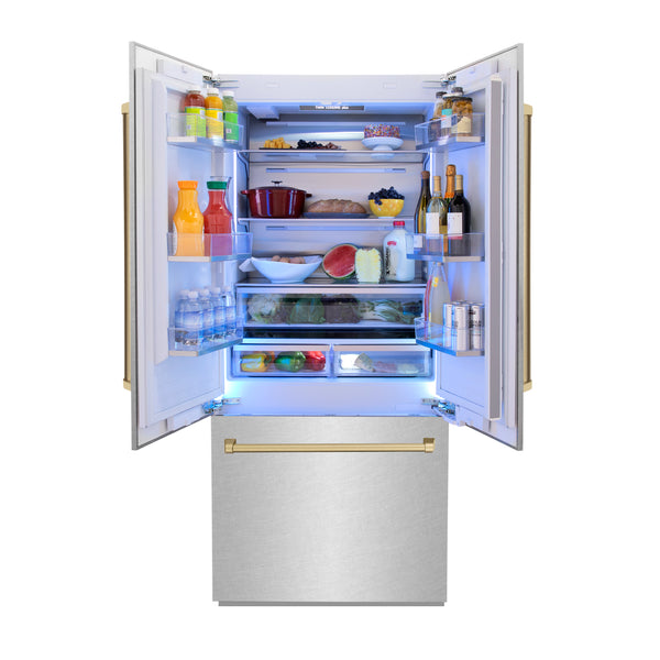 ZLINE 36" Autograph Edition 16.1 cu. ft. Built-in 2-Door Bottom Freezer Refrigerator with Internal Water and Ice Dispenser in Fingerprint Resistant Stainless Steel with Champagne Bronze Accents (RBIVZ-SN-36-CB)