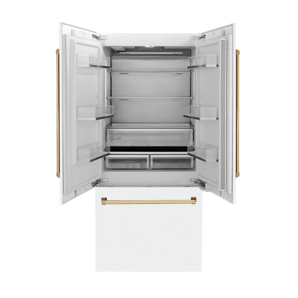 ZLINE 36 in. Autograph Edition 19.6 cu. ft. Built-in 2-Door Bottom Freezer Refrigerator with Internal Water and Ice Dispenser in White Matte with Gold Accents (RBIVZ-WM-36-G)