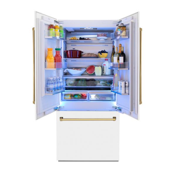 ZLINE 36 in. Autograph Edition 19.6 cu. ft. Built-in 2-Door Bottom Freezer Refrigerator with Internal Water and Ice Dispenser in White Matte with Gold Accents (RBIVZ-WM-36-G)