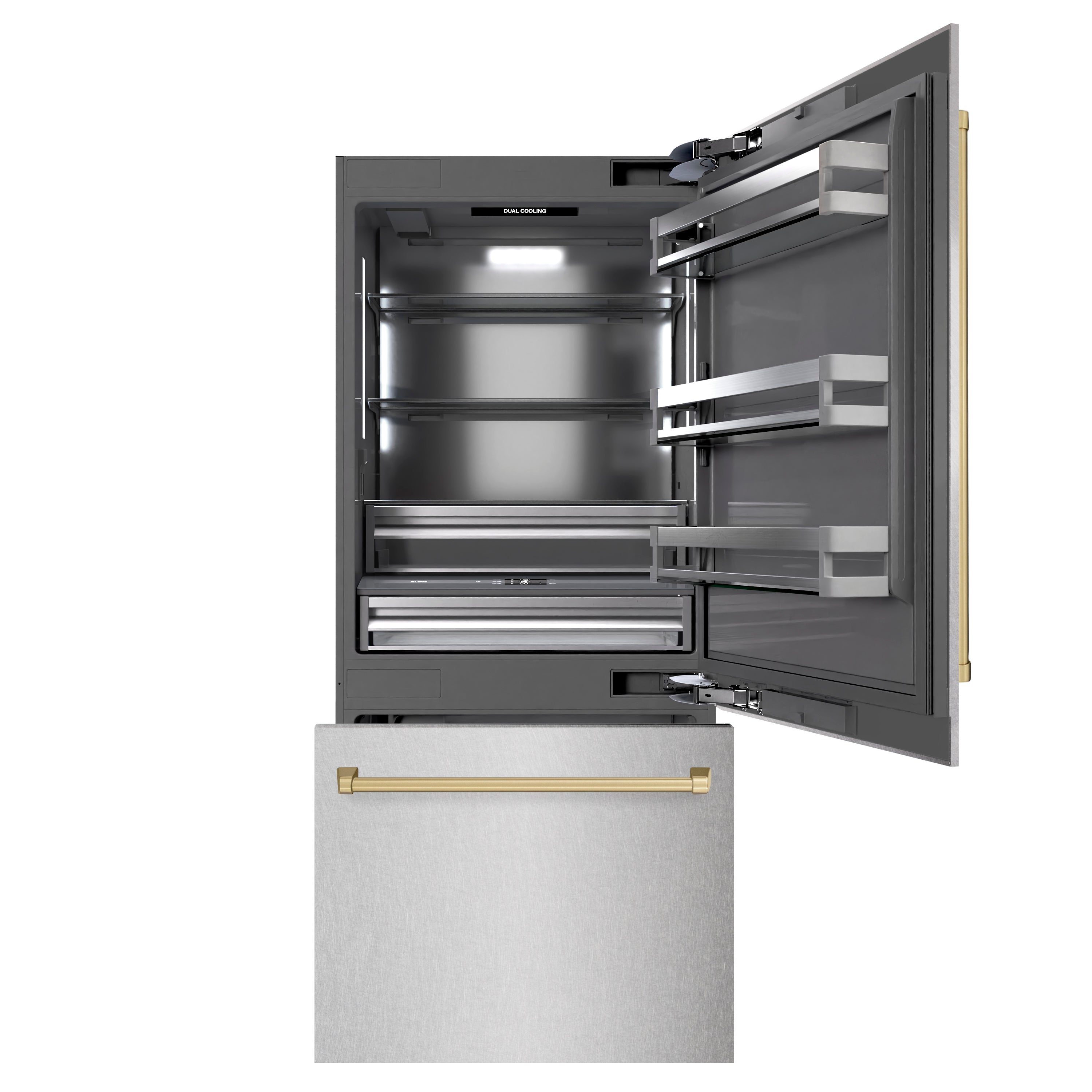 ZLINE Autograph Edition 36 in. 19.8 cu. ft. Built-In Bottom Freezer Refrigerator with Water Dispenser and Ice Maker in Satin Stainless Steel with Graphite Gray Interior and Champagne Bronze Accents (GRBITZ-SN-36-CB)