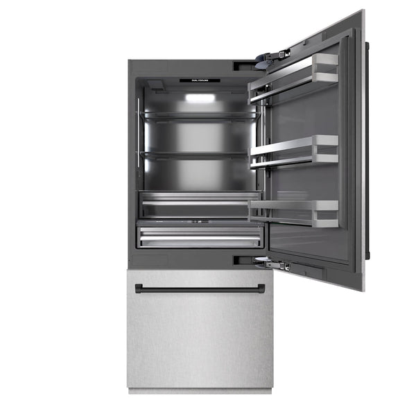 ZLINE Autograph Edition 36 in. 19.8 cu. ft. Built-In Bottom Freezer Refrigerator with Water Dispenser and Ice Maker in Satin Stainless Steel with Graphite Gray Interior and Matte Black Accents (GRBITZ-SN-36-MB)