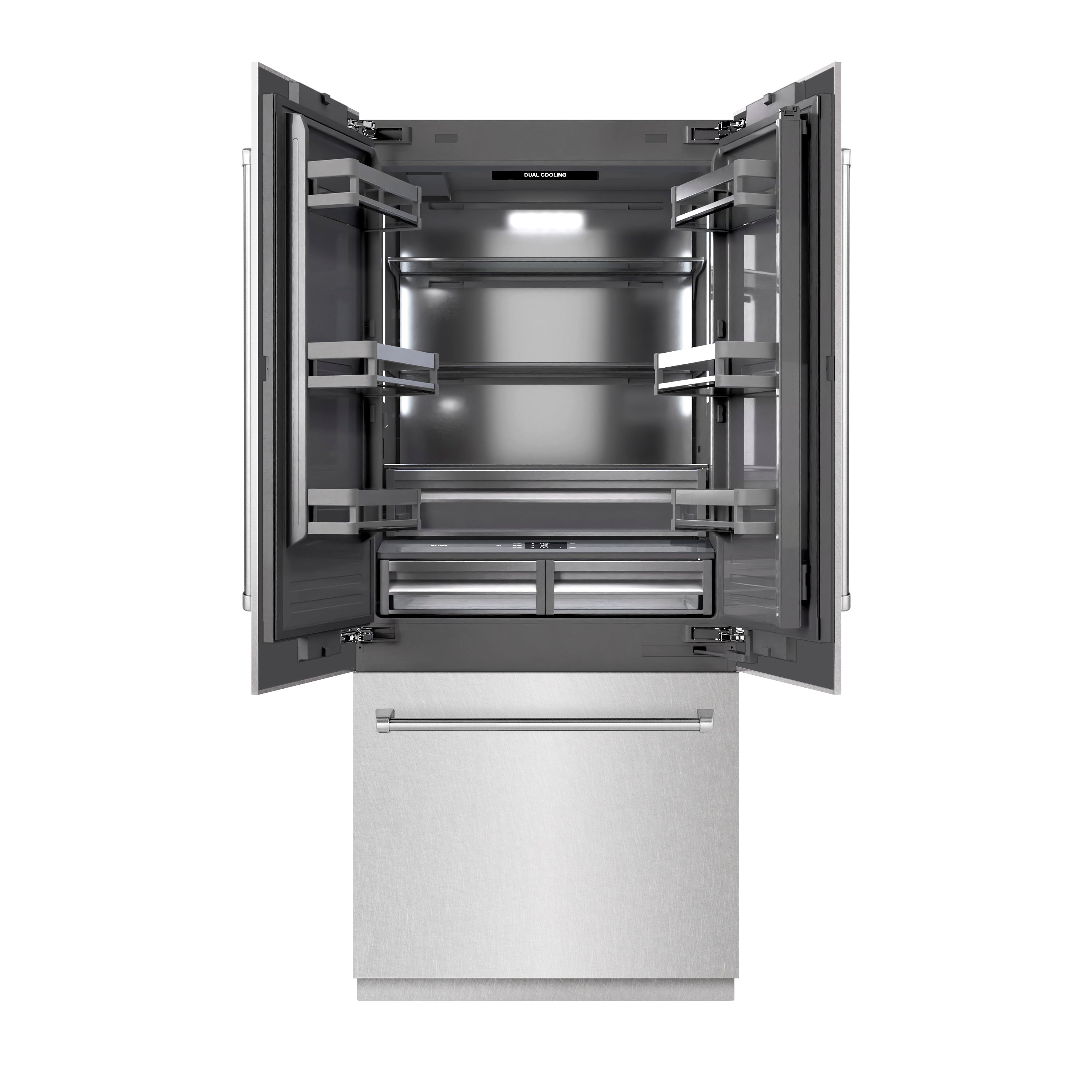 ZLINE 36 in. 19.6 cu. ft. French Door Built-In Bottom Freezer Refrigerator with Water Dispenser and Ice Maker in Satin Stainless Steel with Graphite Gray Interior (GRBIV-SN-36)