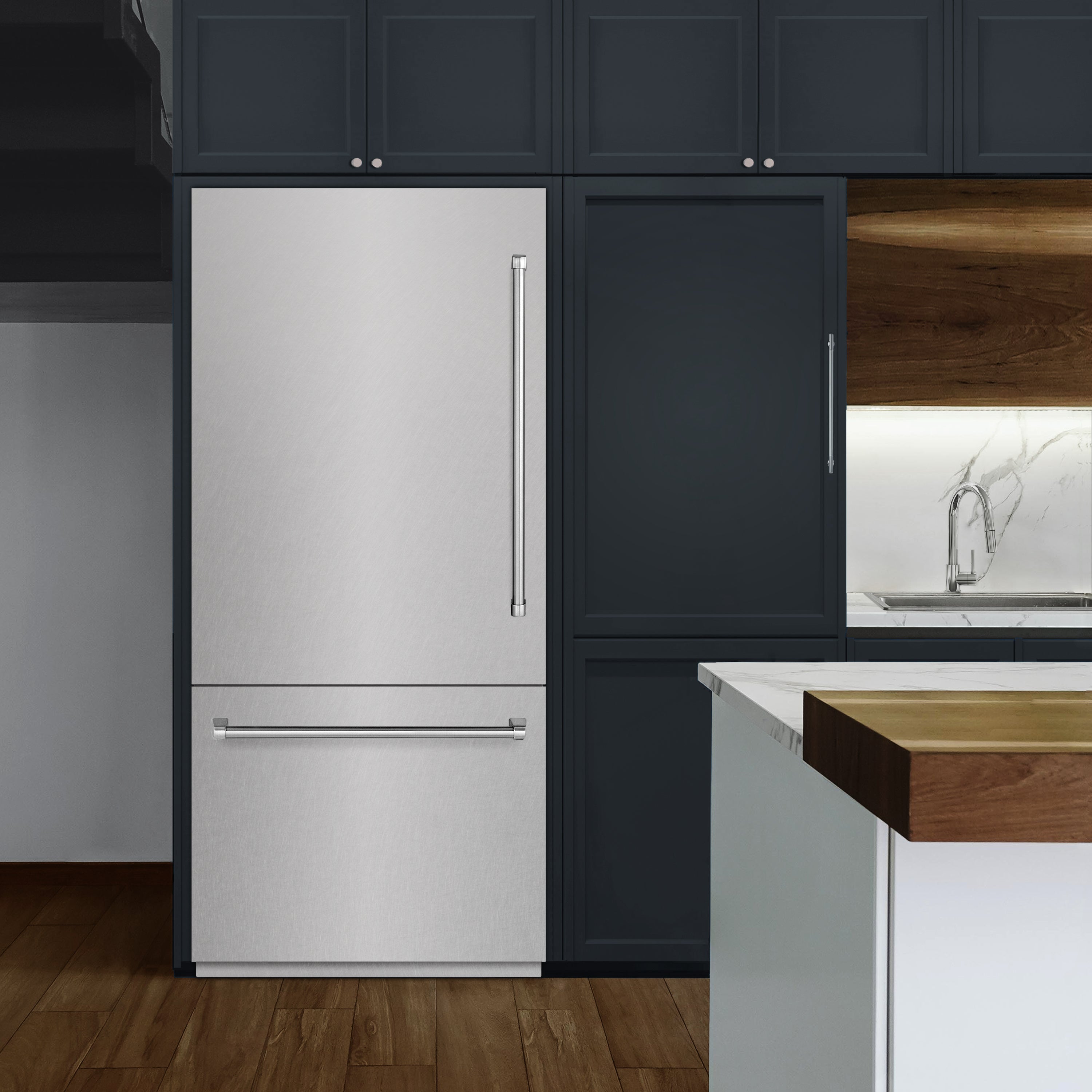 ZLINE 36 in. 19.8 cu. ft. Built-In Bottom Freezer Refrigerator with Water Dispenser and Ice Maker in Satin Stainless Steel (RBIT-SN-36)