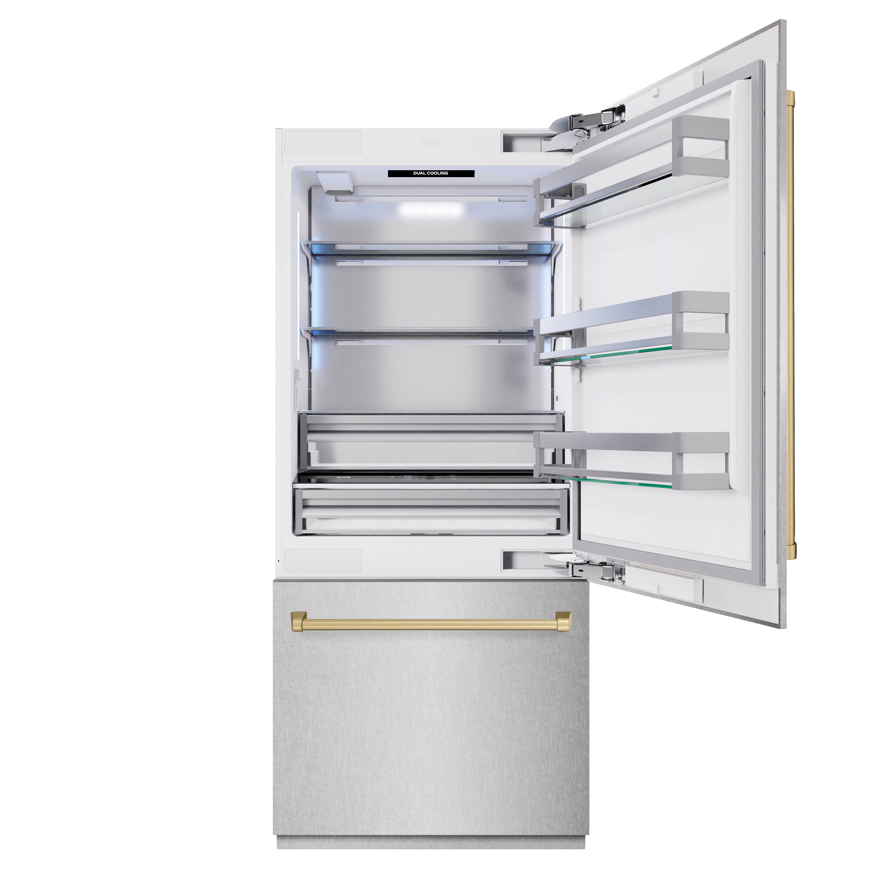 ZLINE Autograph Edition 36 in. 19.8 cu. ft. Built-In Bottom Freezer Refrigerator with Water Dispenser and Ice Maker in Satin Stainless Steel and Champagne Bronze Accents (RBITZ-SN-36-CB)