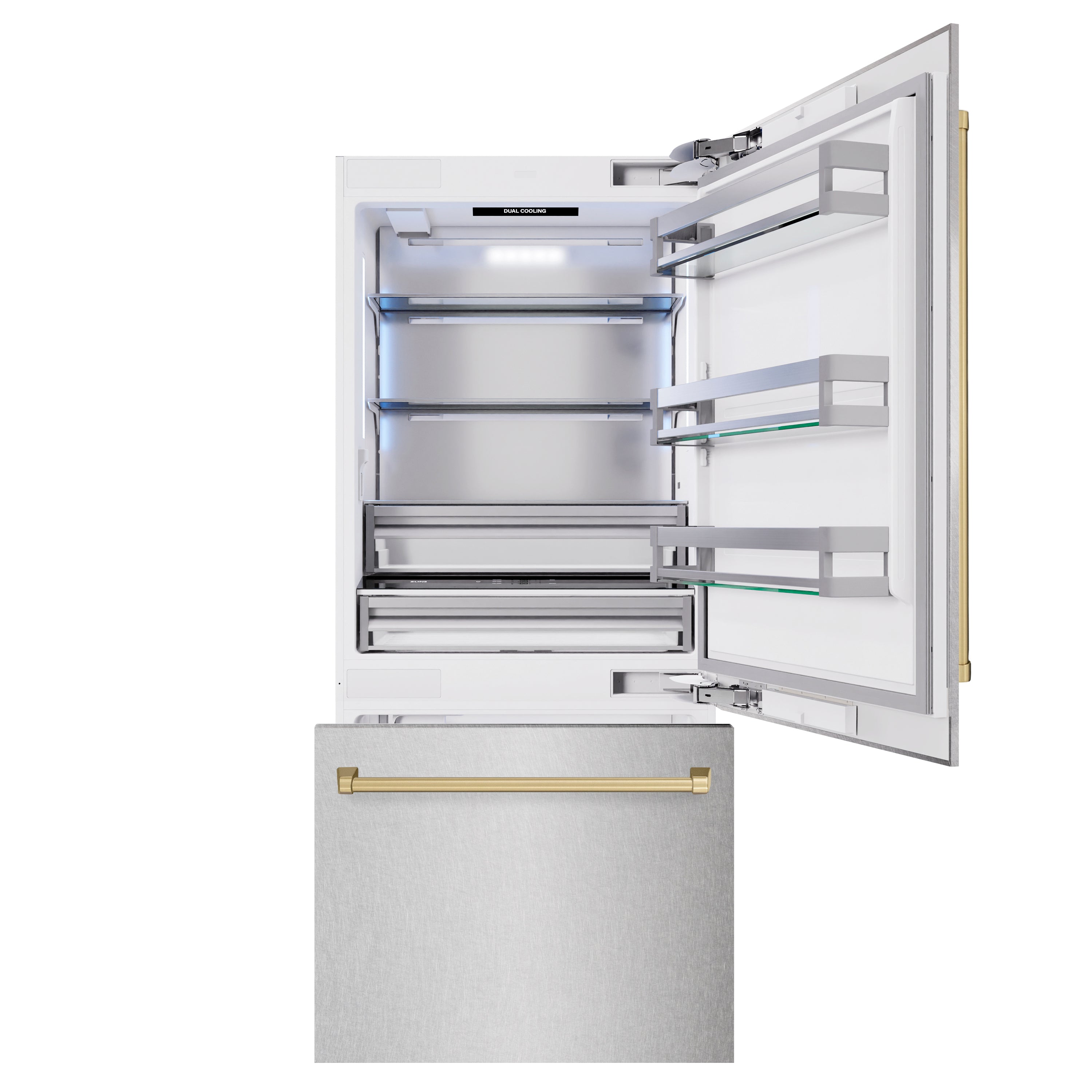 ZLINE Autograph Edition 36 in. 19.8 cu. ft. Built-In Bottom Freezer Refrigerator with Water Dispenser and Ice Maker in Satin Stainless Steel and Champagne Bronze Accents (RBITZ-SN-36-CB)