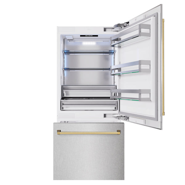 ZLINE Autograph Edition 36 in. 19.8 cu. ft. Built-In Bottom Freezer Refrigerator with Water Dispenser and Ice Maker in Satin Stainless Steel and Polished Gold Accents (RBITZ-SN-36-G)