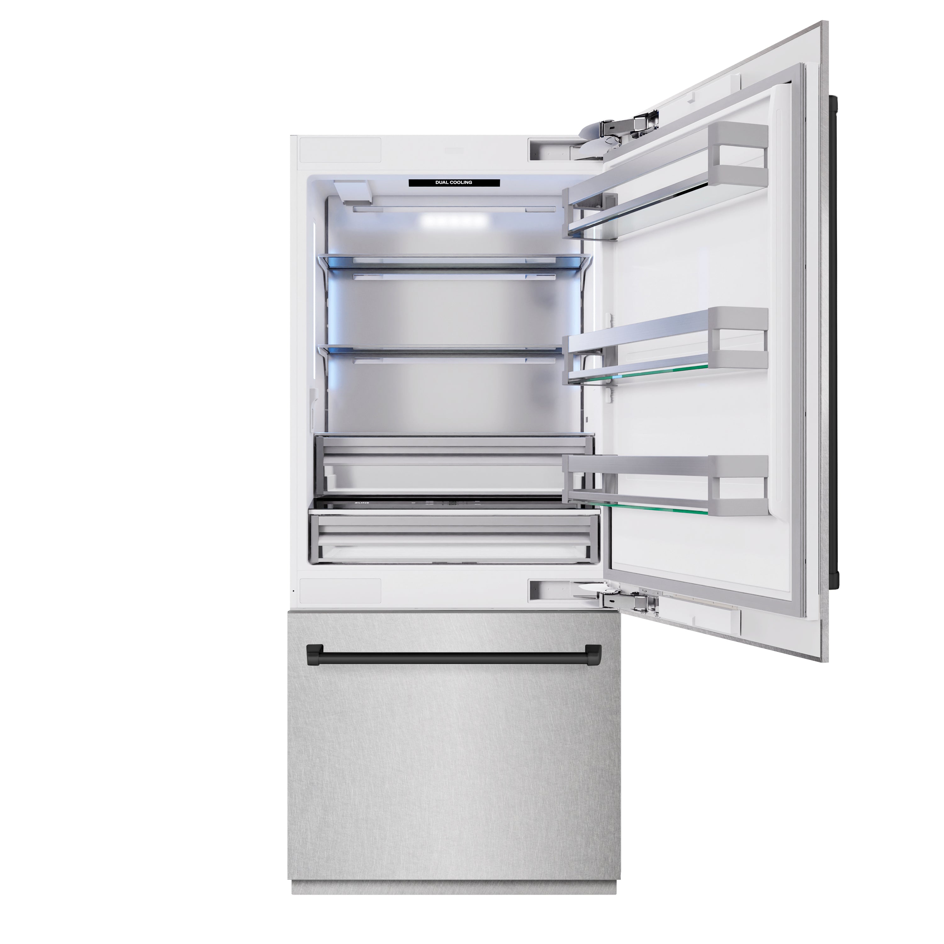 ZLINE Autograph Edition 36 in. 19.8 cu. ft. Built-In Bottom Freezer Refrigerator with Water Dispenser and Ice Maker in Satin Stainless Steel and Matte Black Accents (RBITZ-SN-36-MB)