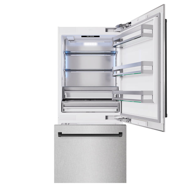 ZLINE Autograph Edition 36 in. 19.8 cu. ft. Built-In Bottom Freezer Refrigerator with Water Dispenser and Ice Maker in Satin Stainless Steel and Matte Black Accents (RBITZ-SN-36-MB)