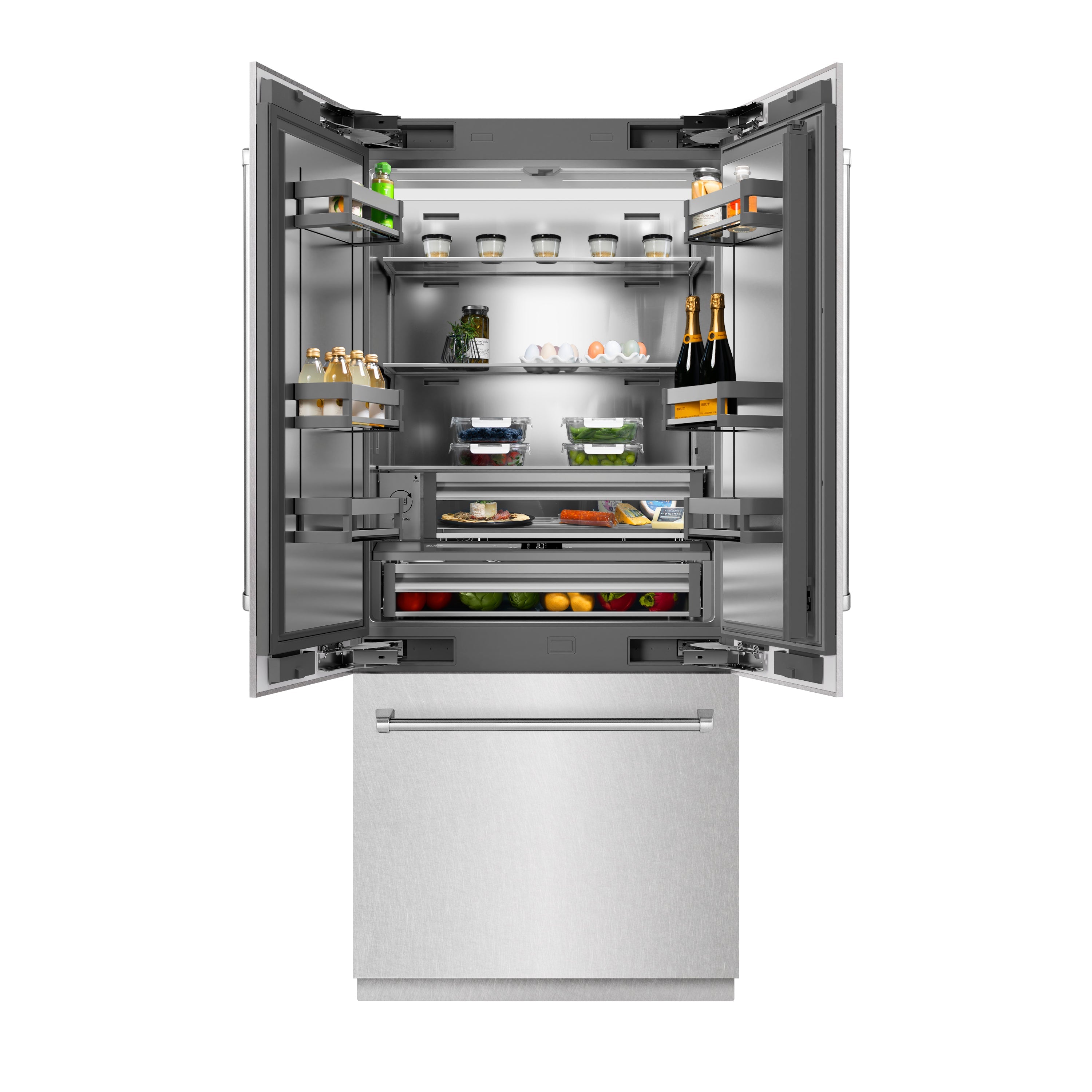 ZLINE 36 in. 19.6 cu. ft. French Door Built-In Bottom Freezer Refrigerator with Water Dispenser and Ice Maker in Satin Stainless Steel with Stainless Steel Interior (SRBIV-SN-36)