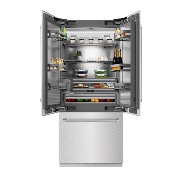 ZLINE 36 in. 19.6 cu. ft. French Door Built-In Bottom Freezer Refrigerator with Water Dispenser and Ice Maker in Satin Stainless Steel with Stainless Steel Interior (SRBIV-SN-36)