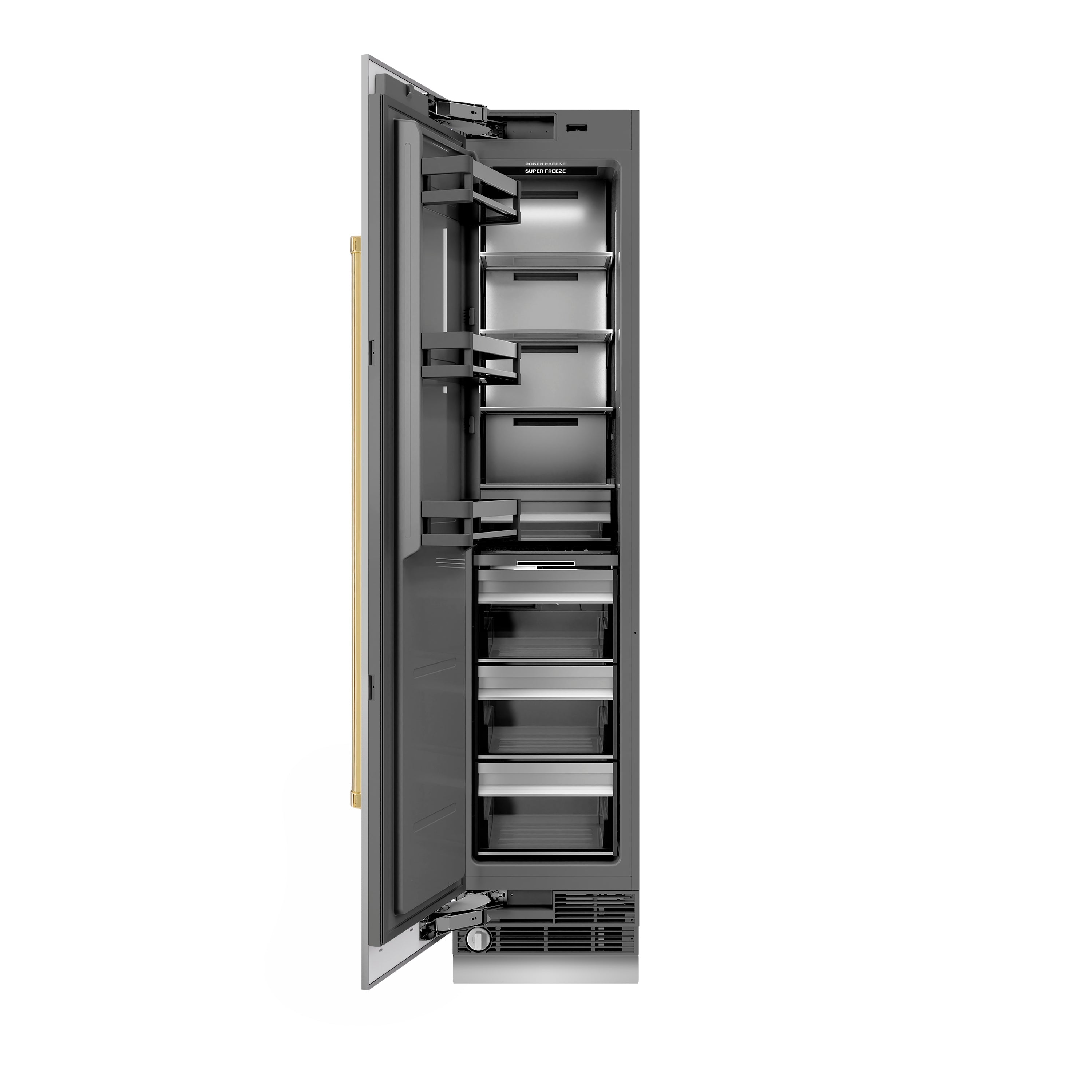 ZLINE Autograph Edition 18 in. 8.6 cu. ft. Left Hinge Column Freezer in Stainless Steel with Graphite Gray Interior and Polished Gold Accents (RCFVLZ-30418-G)