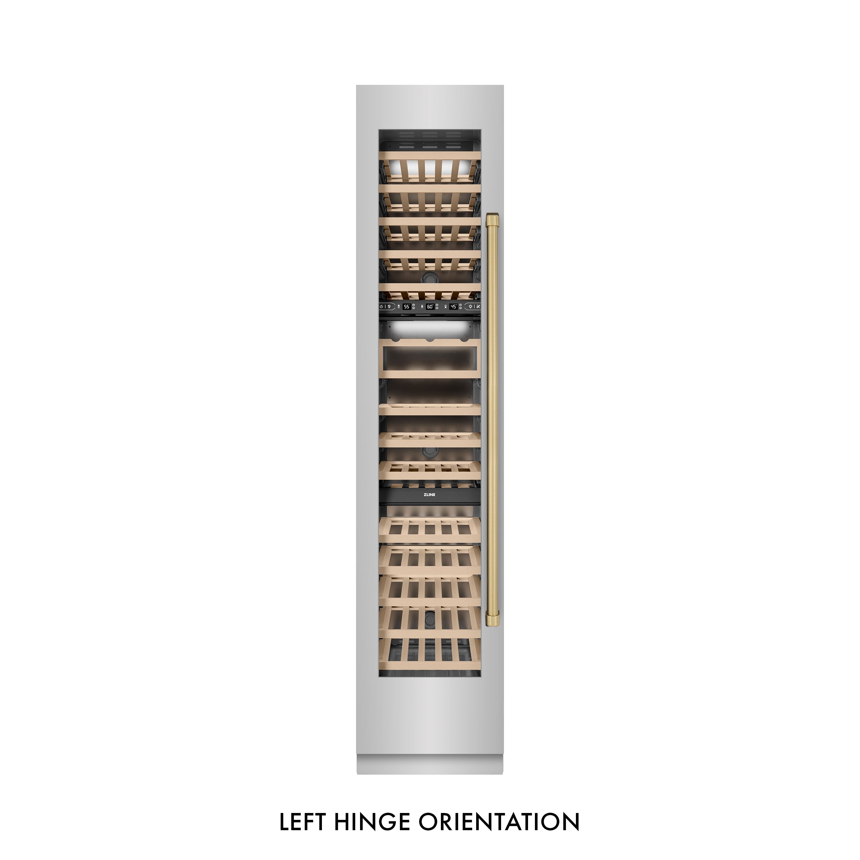 ZLINE Autograph Edition 18 in. 9.0 cu. ft. Triple Zone 68 Bottle Left Hinge Column Wine Cooler in Stainless Steel with Champagne Bronze Accents (RCWVLZ-30418-CB)