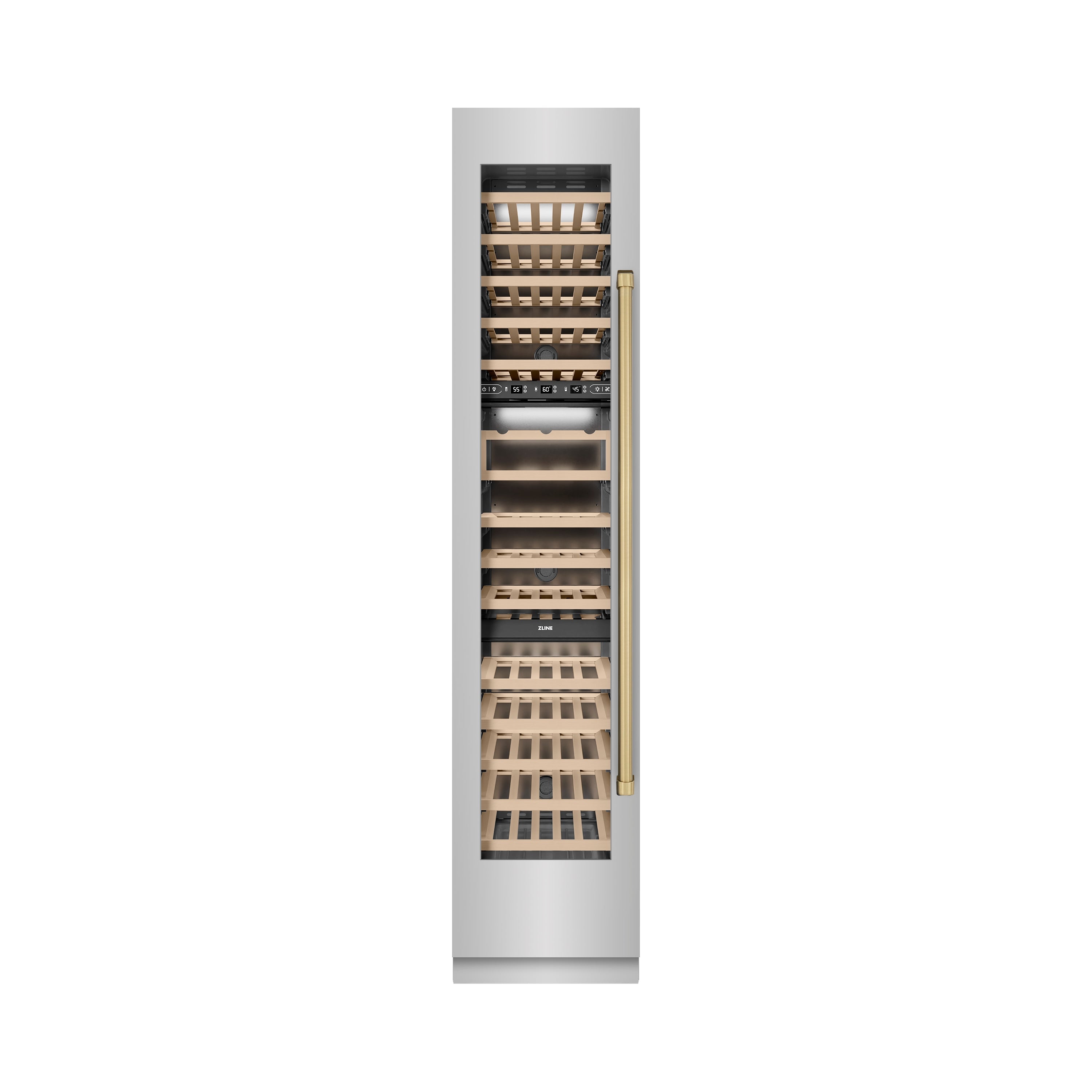 ZLINE Autograph Edition 18 in. 9.0 cu. ft. Triple Zone 68 Bottle Left Hinge Column Wine Cooler in Stainless Steel with Champagne Bronze Accents (RCWVLZ-30418-CB)