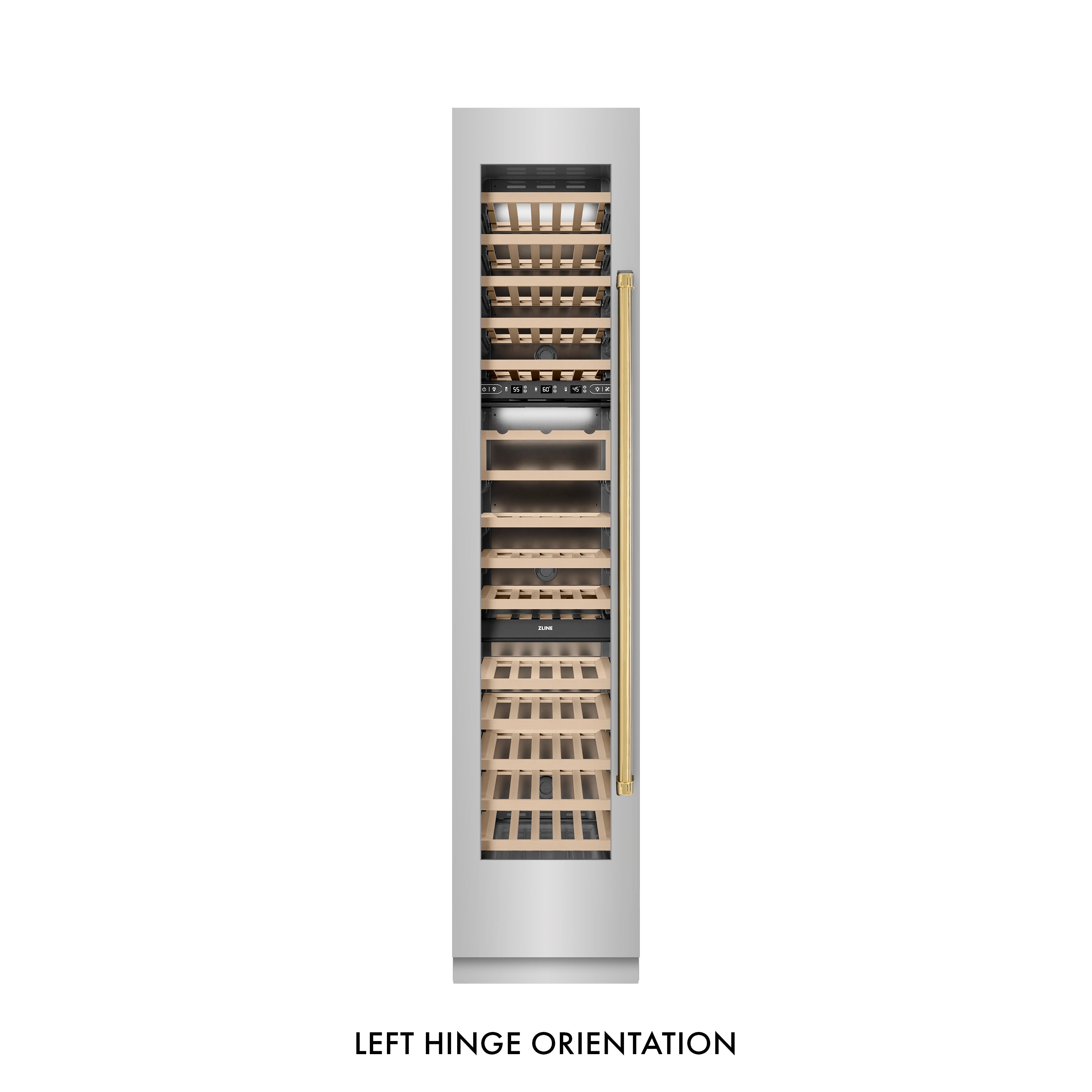 ZLINE Autograph Edition 18 in. 9.0 cu. ft. Triple Zone 68 Bottle Left Hinge Column Wine Cooler in Stainless Steel with Polished Gold Accents (RCWVLZ-30418-G)