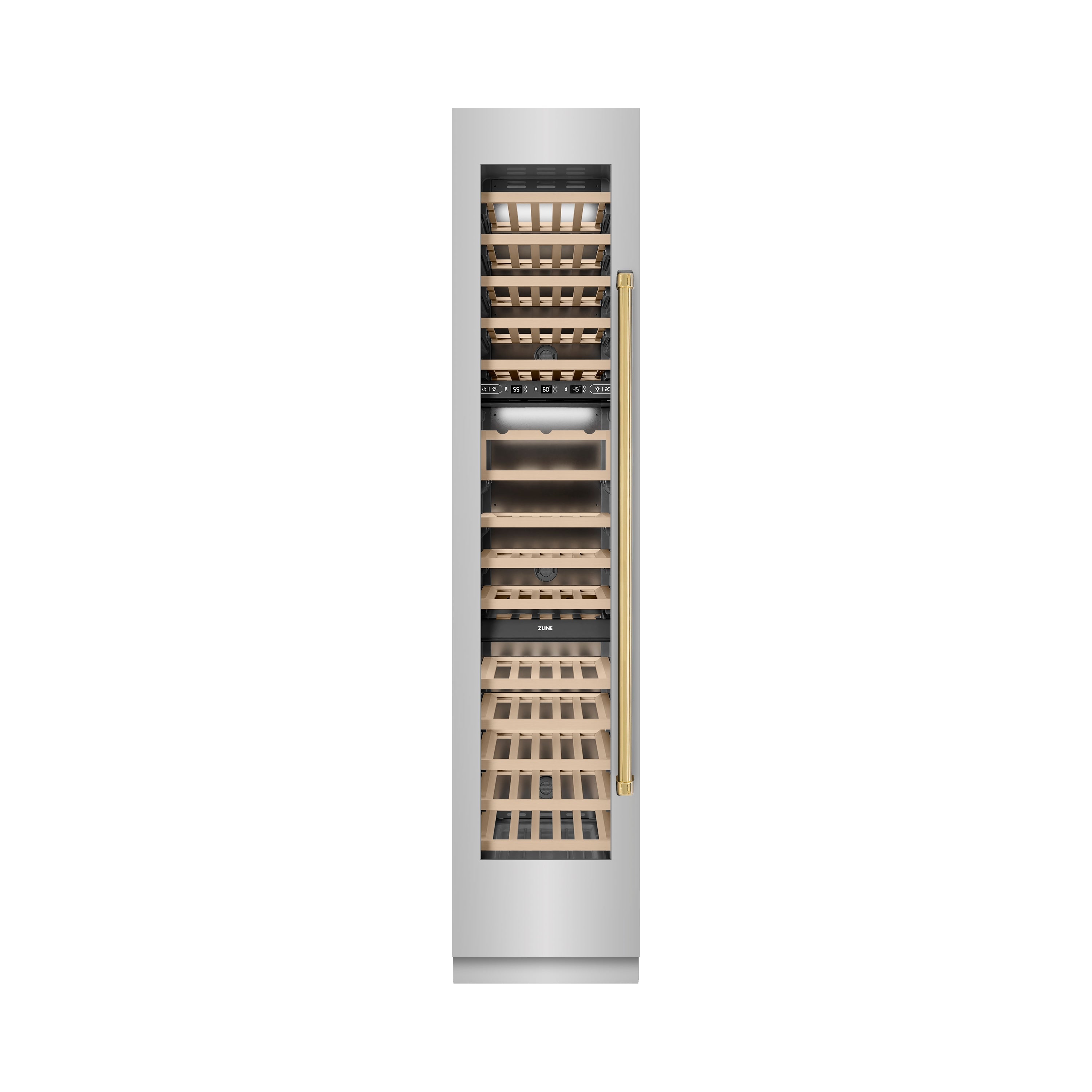ZLINE Autograph Edition 18 in. 9.0 cu. ft. Triple Zone 68 Bottle Left Hinge Column Wine Cooler in Stainless Steel with Polished Gold Accents (RCWVLZ-30418-G)