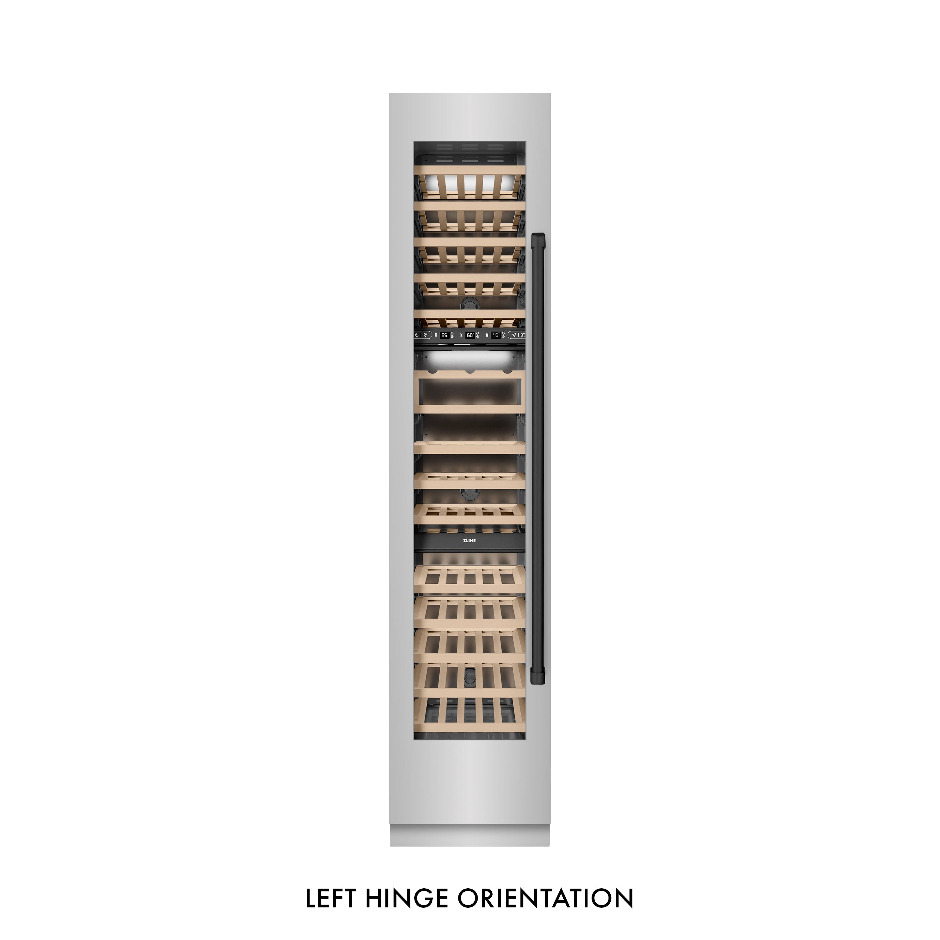 ZLINE Autograph Edition 18 in. 9.0 cu. ft. Triple Zone 68 Bottle Left Hinge Column Wine Cooler in Stainless Steel with Matte Black Accents (RCWVLZ-30418-MB)